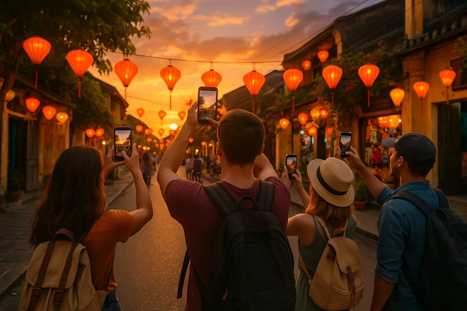 Photo of travelers walking through Hoi An Ancient Town at sunset, holding smartphones and taking photos — warm, vibrant atmosphere highlighting connectivity while traveling.