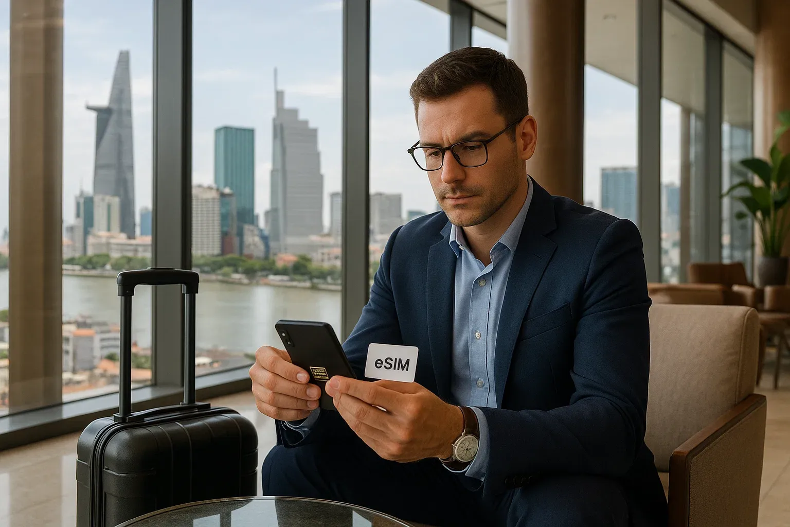 Professional traveler installing eSIM in hotel lobby overlooking Ho Chi Minh skyline, confident and focused tone for seamless setup
