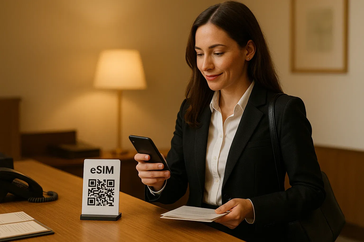 Professional traveler scanning an eSIM QR code at a hotel desk before attending a business summit, soft warm lighting, neat and organized workspace