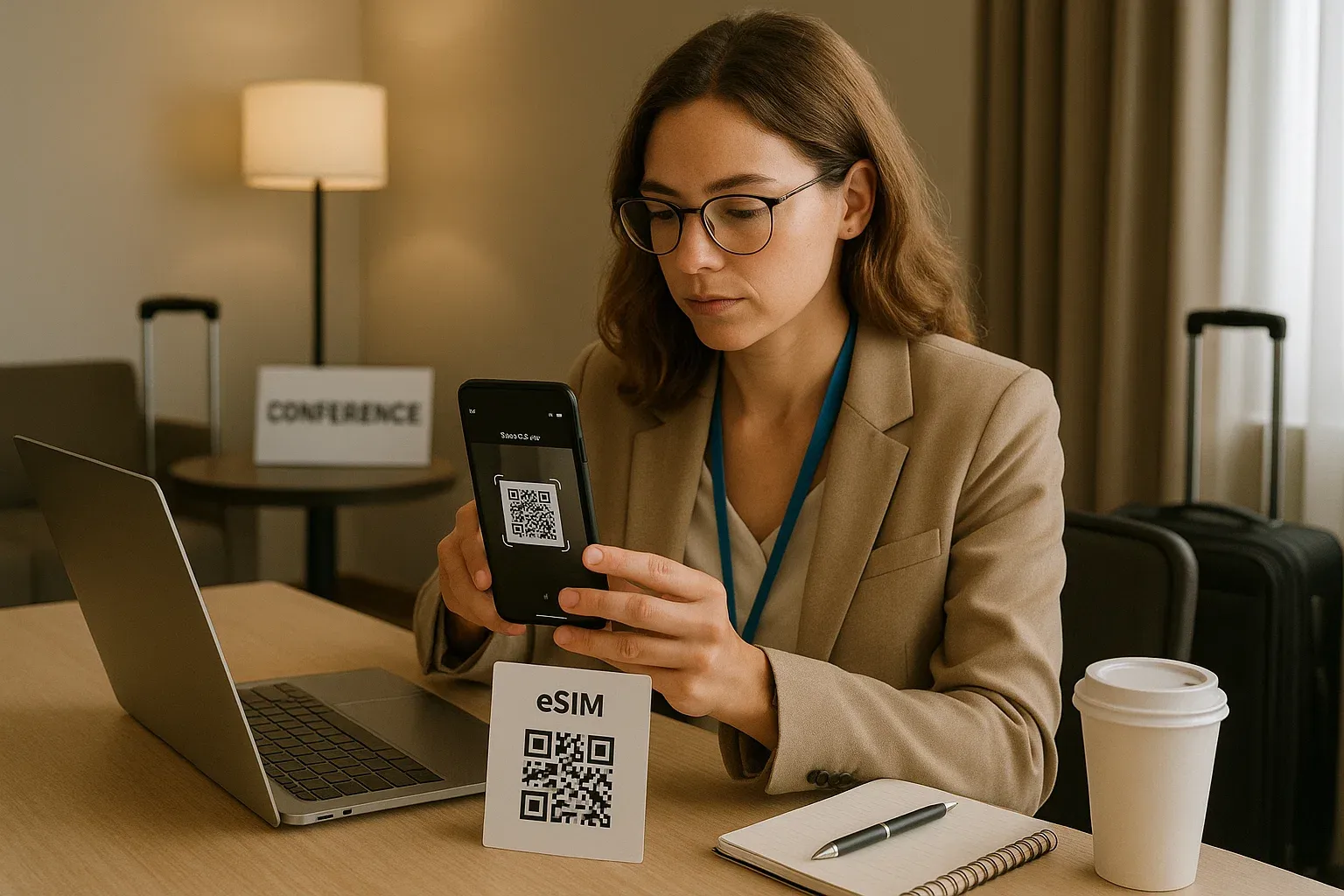 Professional traveler scanning an eSIM QR code in a hotel workspace before attending a conference, soft neutral lighting, focused and organized atmosphere