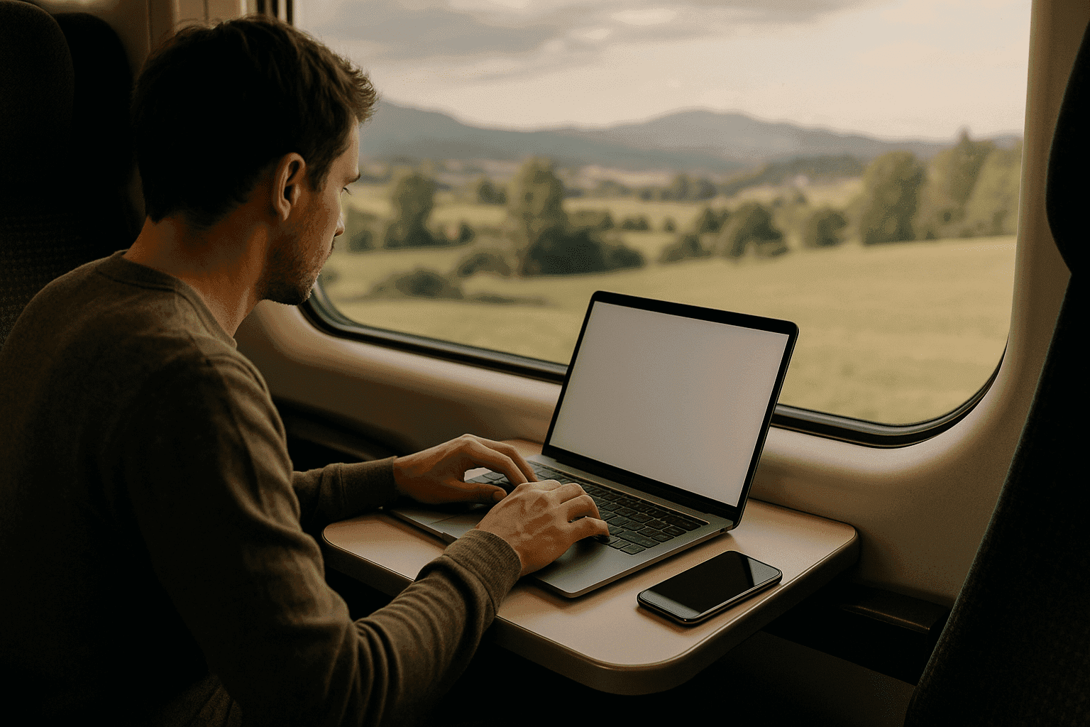 Um nómada digital a usar um hotspot eSIM fiável para alimentar o seu portátil enquanto trabalha e viaja.