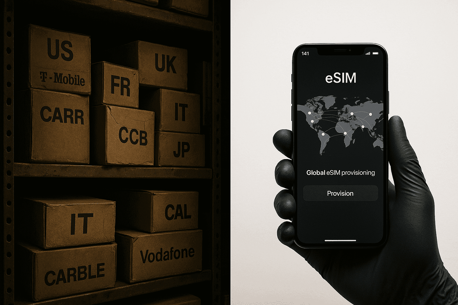 Visual comparison of physical SIM logistics versus the digital efficiency of eSIM provisioning.