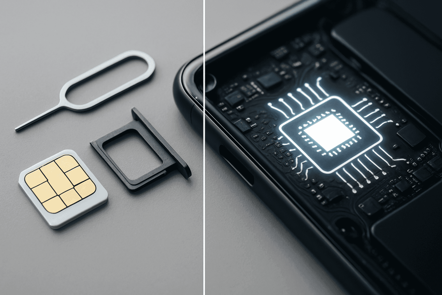 An abstract image exploring the question 'is eSIM faster than physical sim?', showing two competing streams of light representing the different technologies.