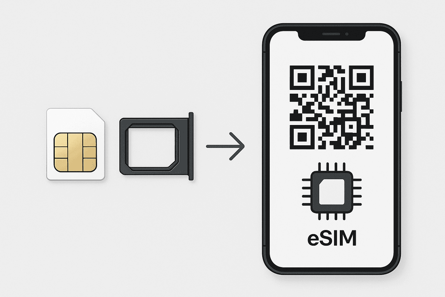 Visual showing switch from physical SIM to eSIM using a QR code.