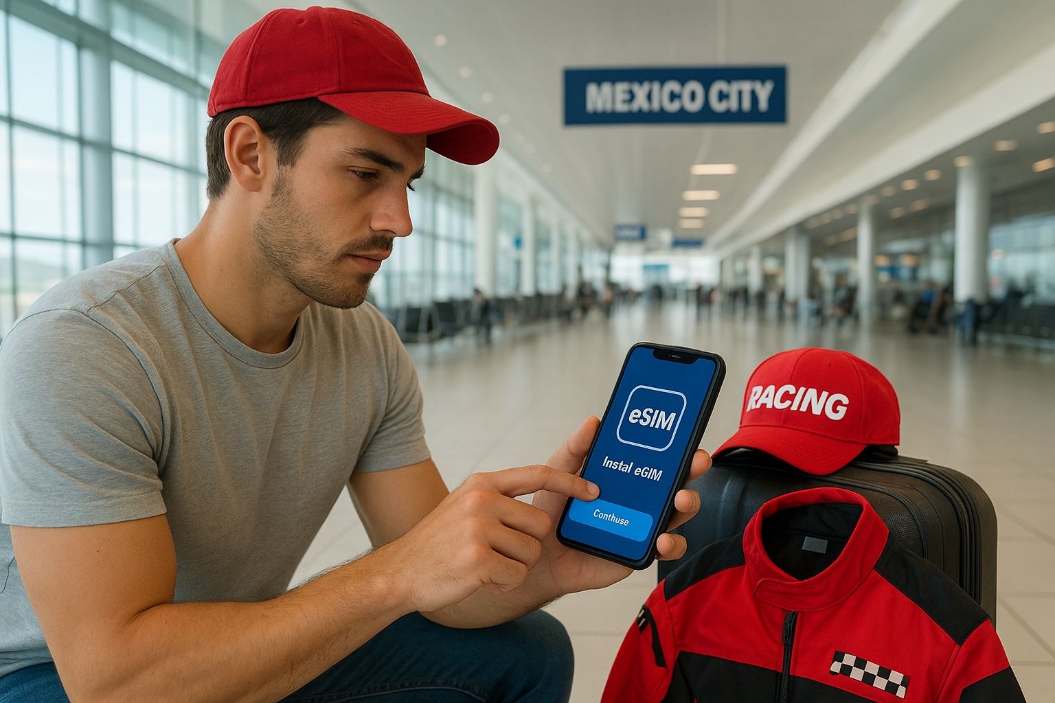 Scene of traveler installing eSIM on smartphone at Mexico City airport, modern bright terminal, luggage and racing merch visible, instructional tech vibe