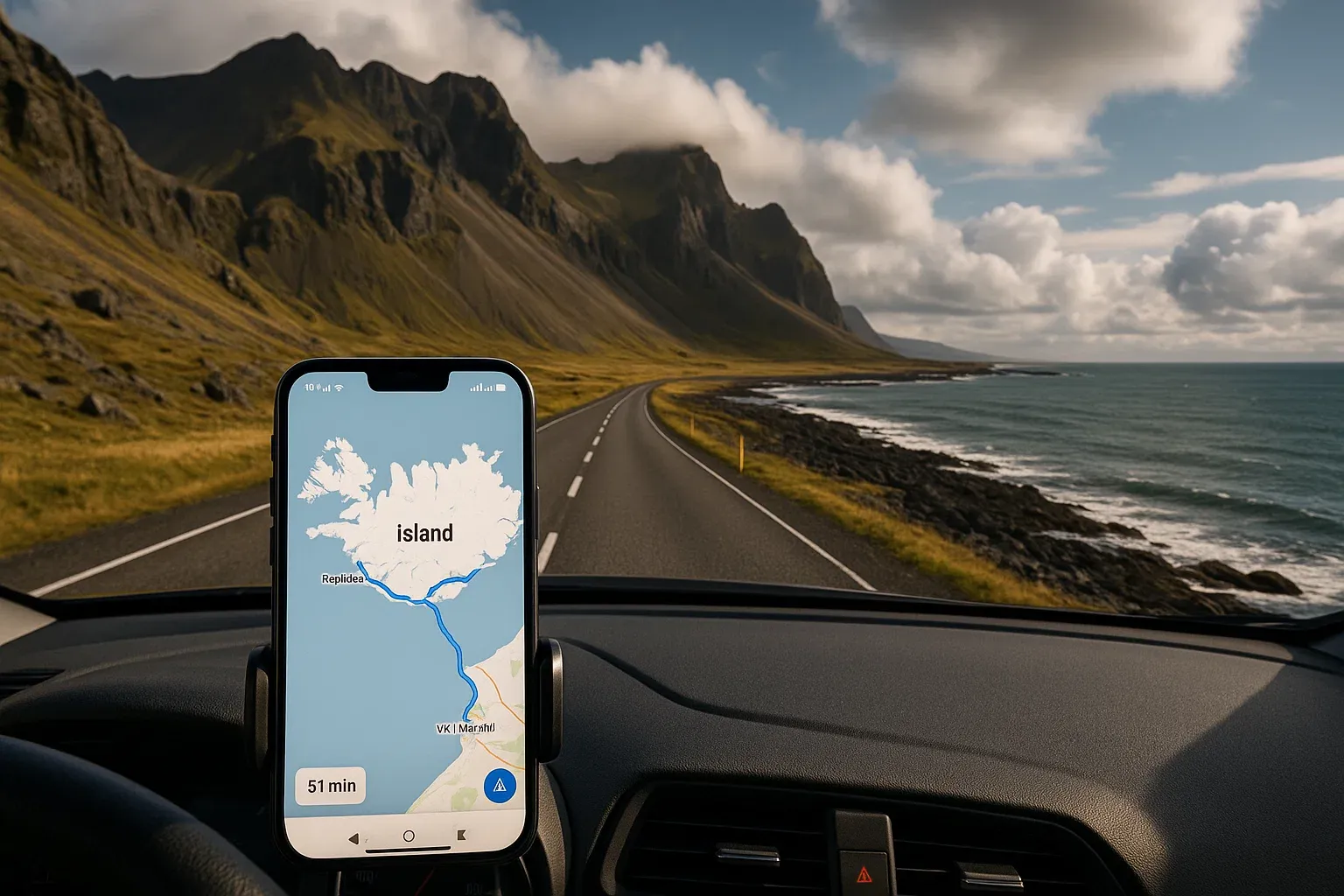 Scenic South Coast road trip with phone GPS showing Iceland map, dramatic mountains and coastline, educational travel technology shot