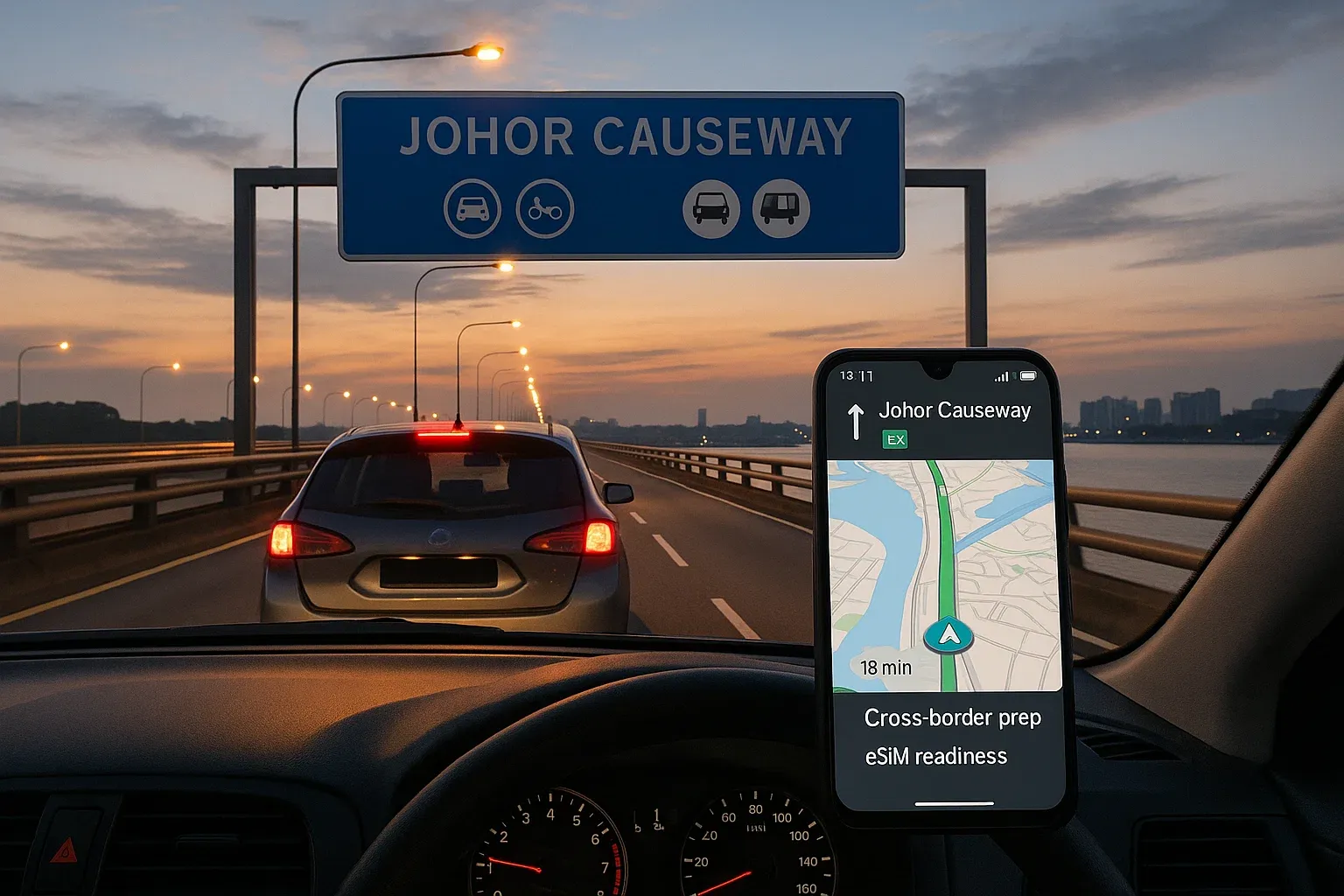 Close-up of car dashboard with Waze running on a smartphone in Malaysia highway setting, bright daylight, illustrating seamless eSIM-powered navigation