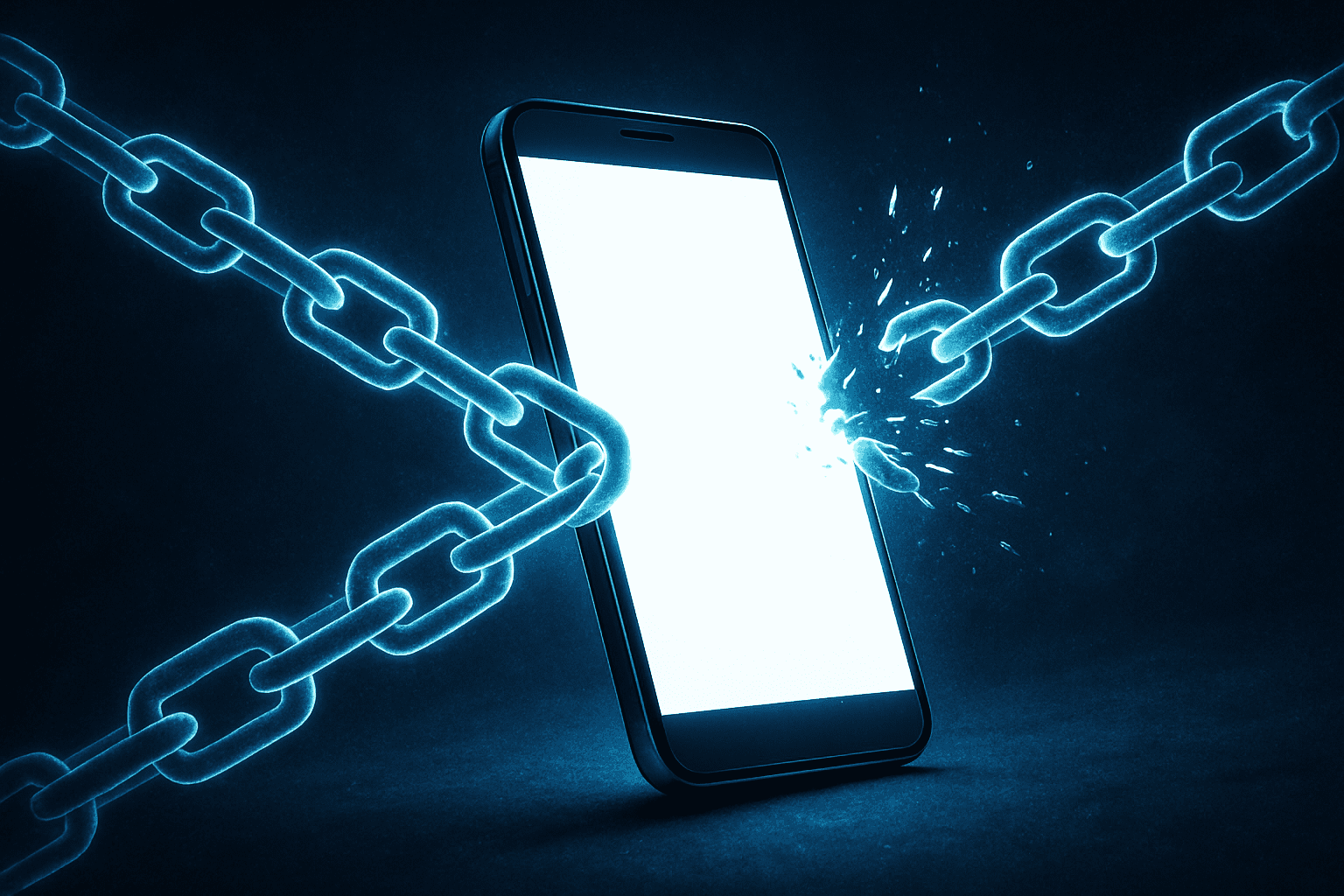 A smartphone breaking chains, symbolizing freedom from a carrier when your sim card locked.