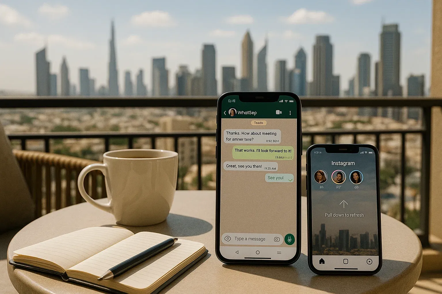 Smartphone displaying WhatsApp chat and Instagram stories refresh on hotel balcony with city skyline, relaxed yet productive travel mood