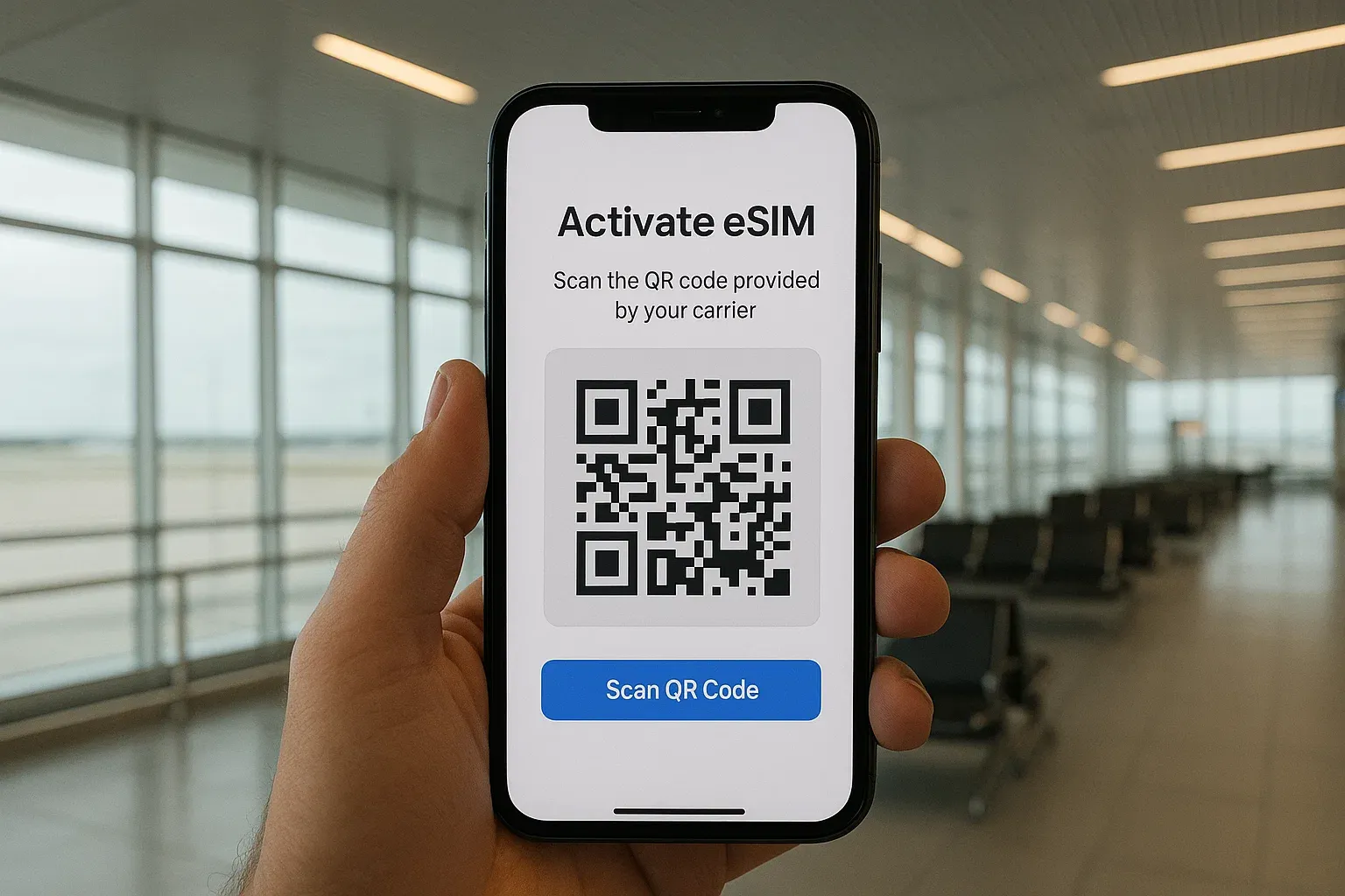 Smartphone scanning an eSIM QR code inside a modern airport terminal, calm travel lighting, clear instructional focus on activation process