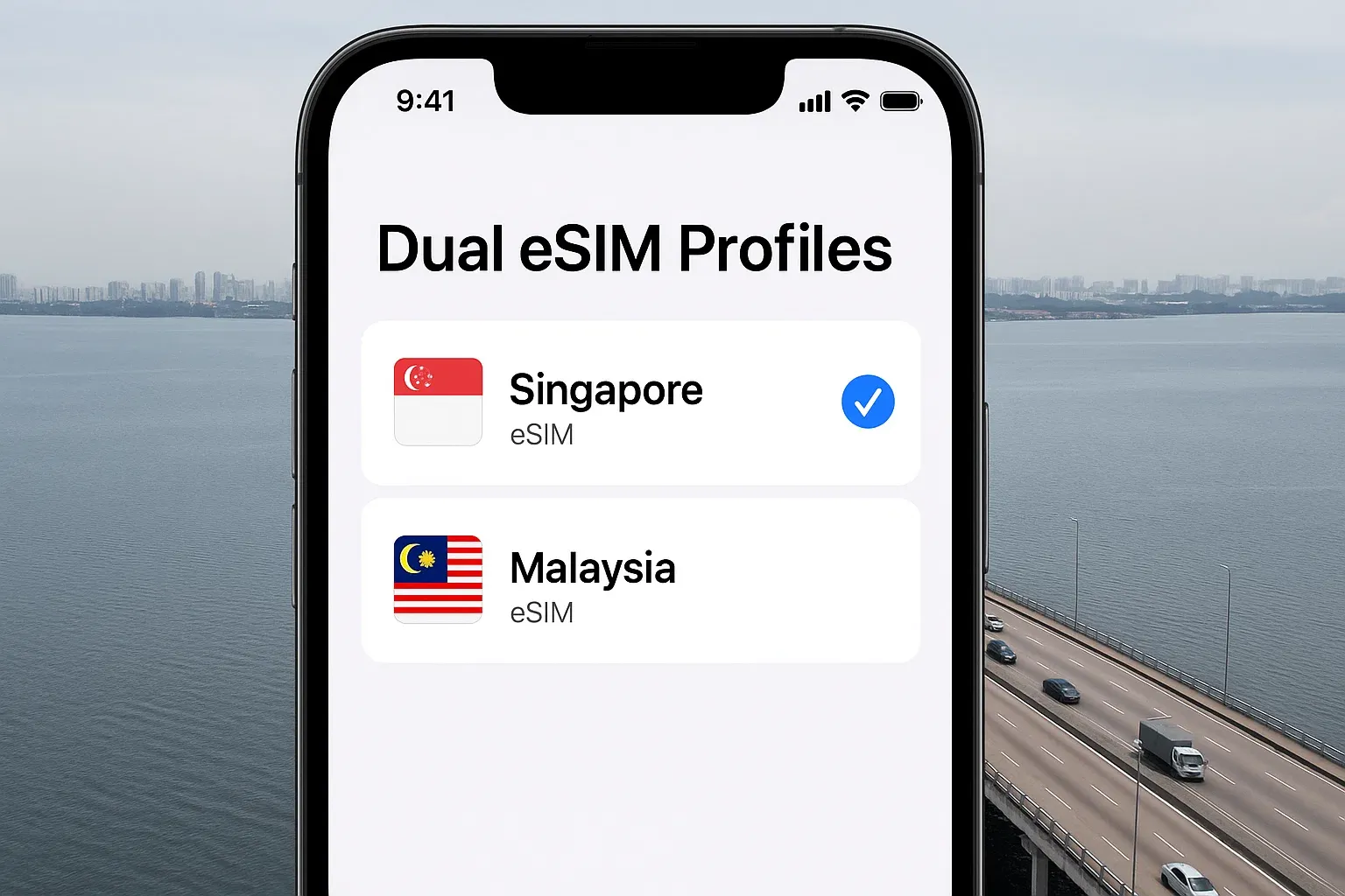 Smartphone screen showing dual eSIM profiles for Singapore and Malaysia with Causeway bridge photo behind