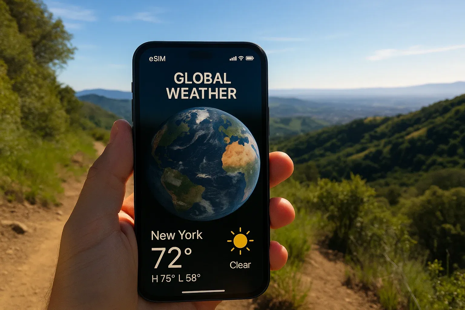 Smartphone screen showing global weather app and eSIM signals on a hiking trail overlook, bright natural outdoor lighting, educational tech travel shot