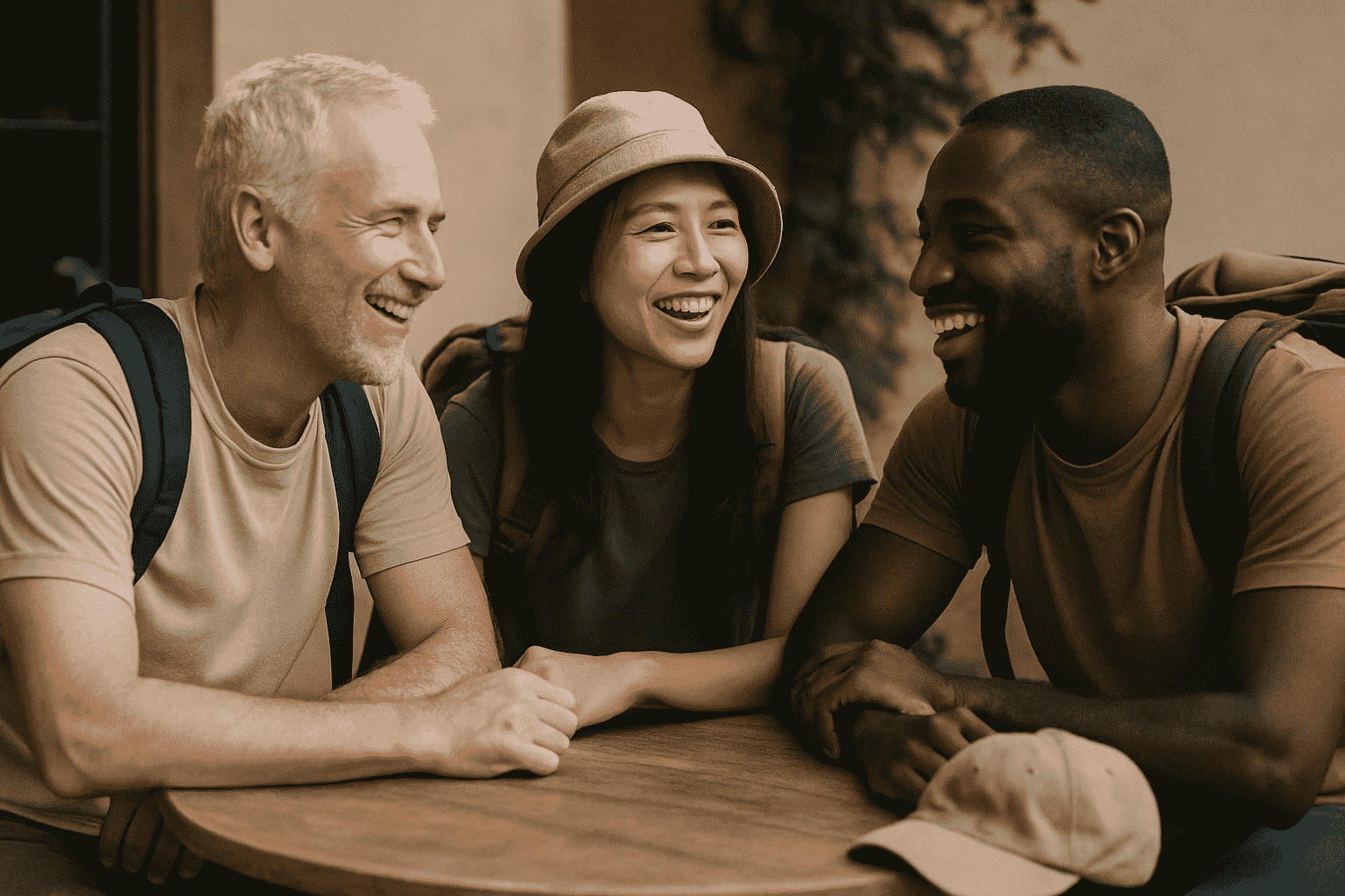 Diverse travelers laughing together, showing the connection benefits of traveling.
