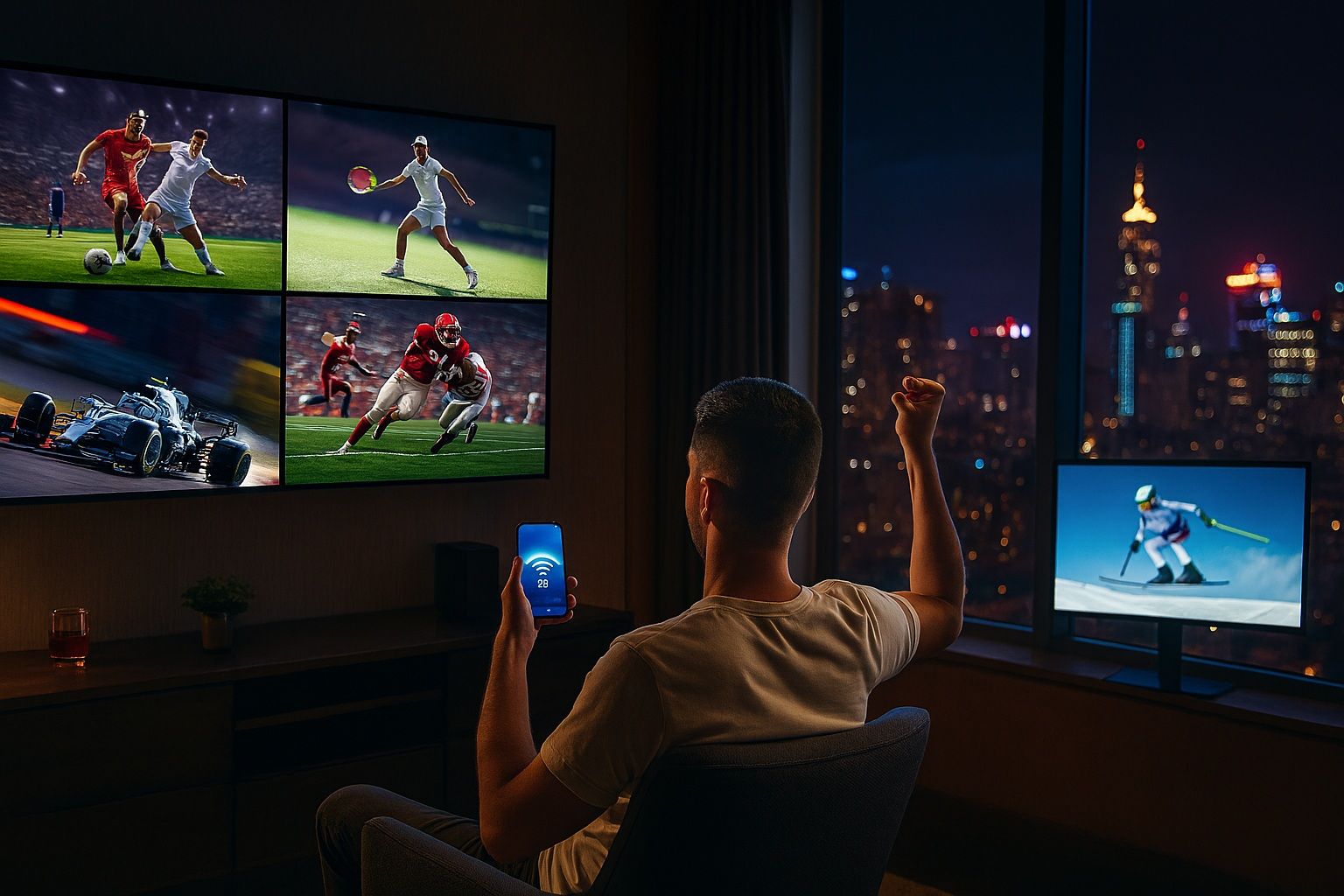 Sports fan sitting in a hotel suite with multiple screens showing different global sports events, vibrant night skyline outside, showcasing fast streaming with travel eSIM