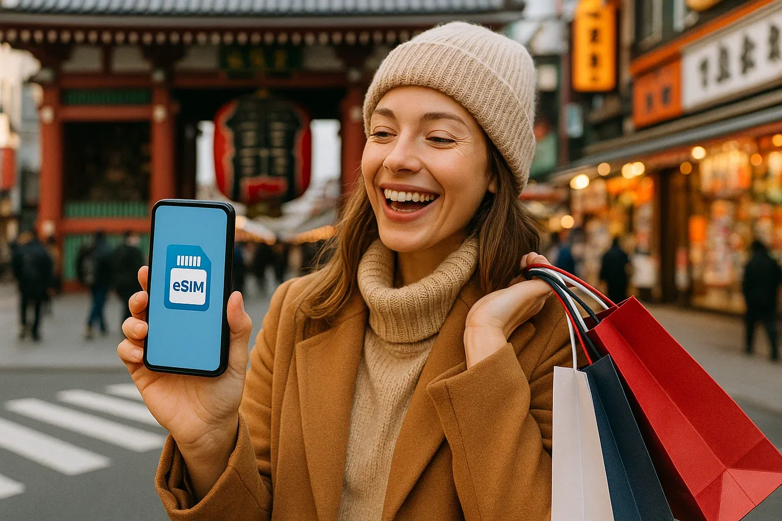 Staying connected with an eSIM in Japan, happy traveler in important places shopping