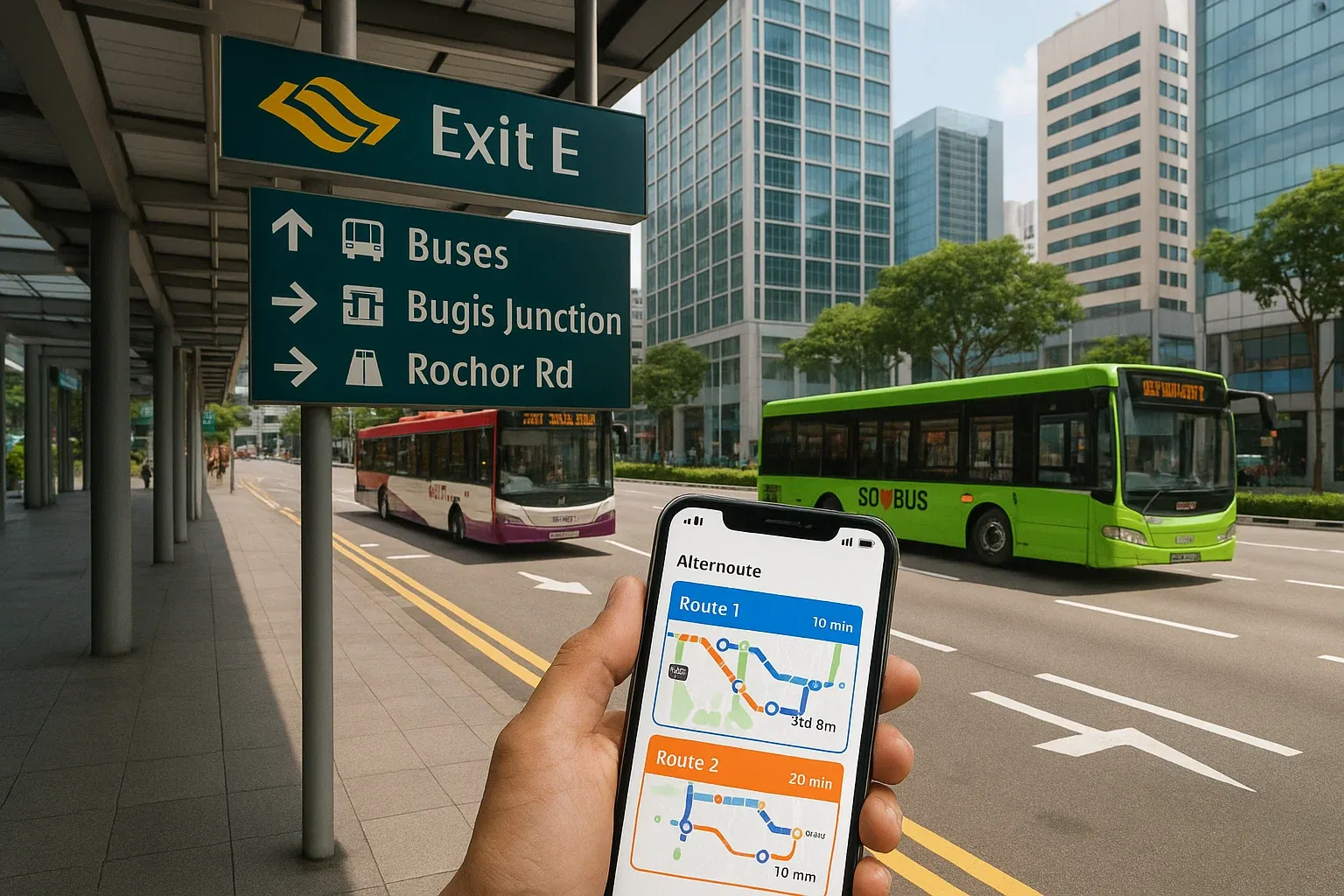 Street-level view near an MRT exit with buses and wayfinding signs, traveler holding a phone showing alternate routes