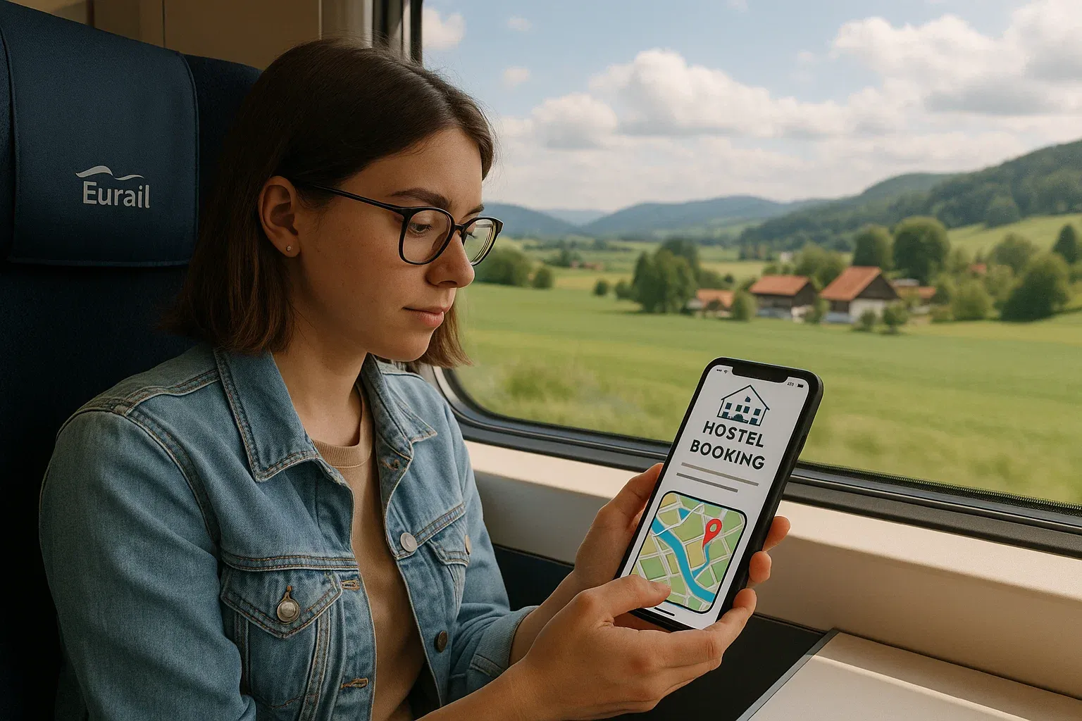 Student on Eurail seat using phone for hostel booking and maps, scenic train window view through European countryside, educational digital travel vibe