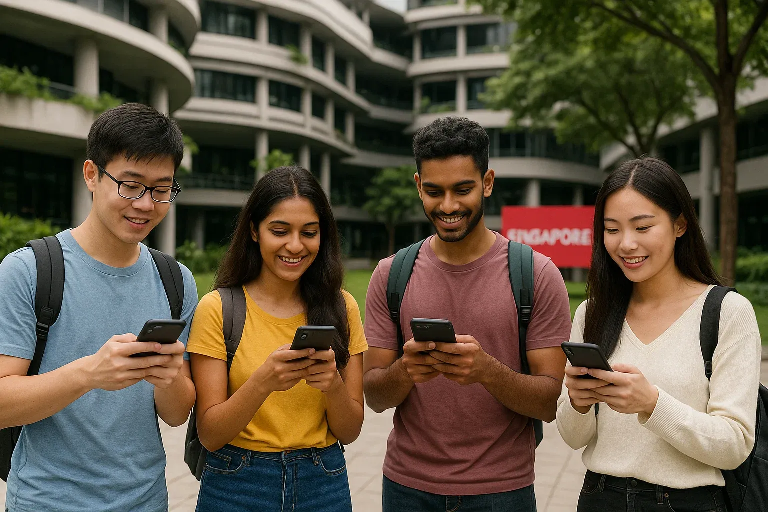 Students holding their smartphone in a Singapore university campus