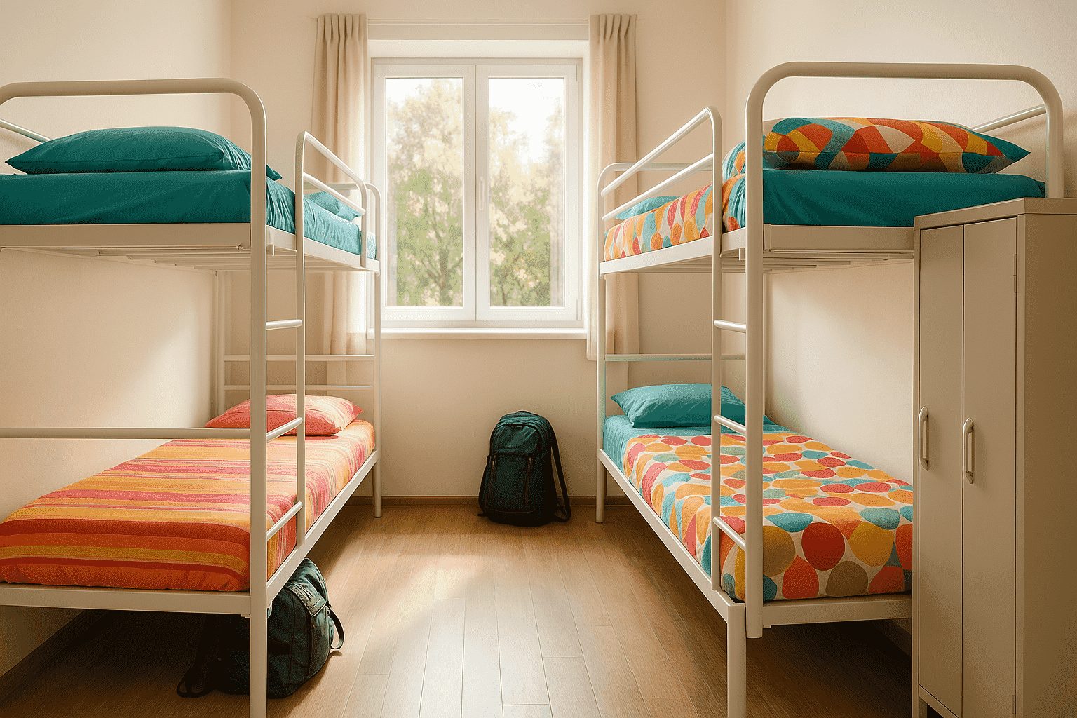 Dormitório de hostel limpo e luminoso, uma opção para viajar barato