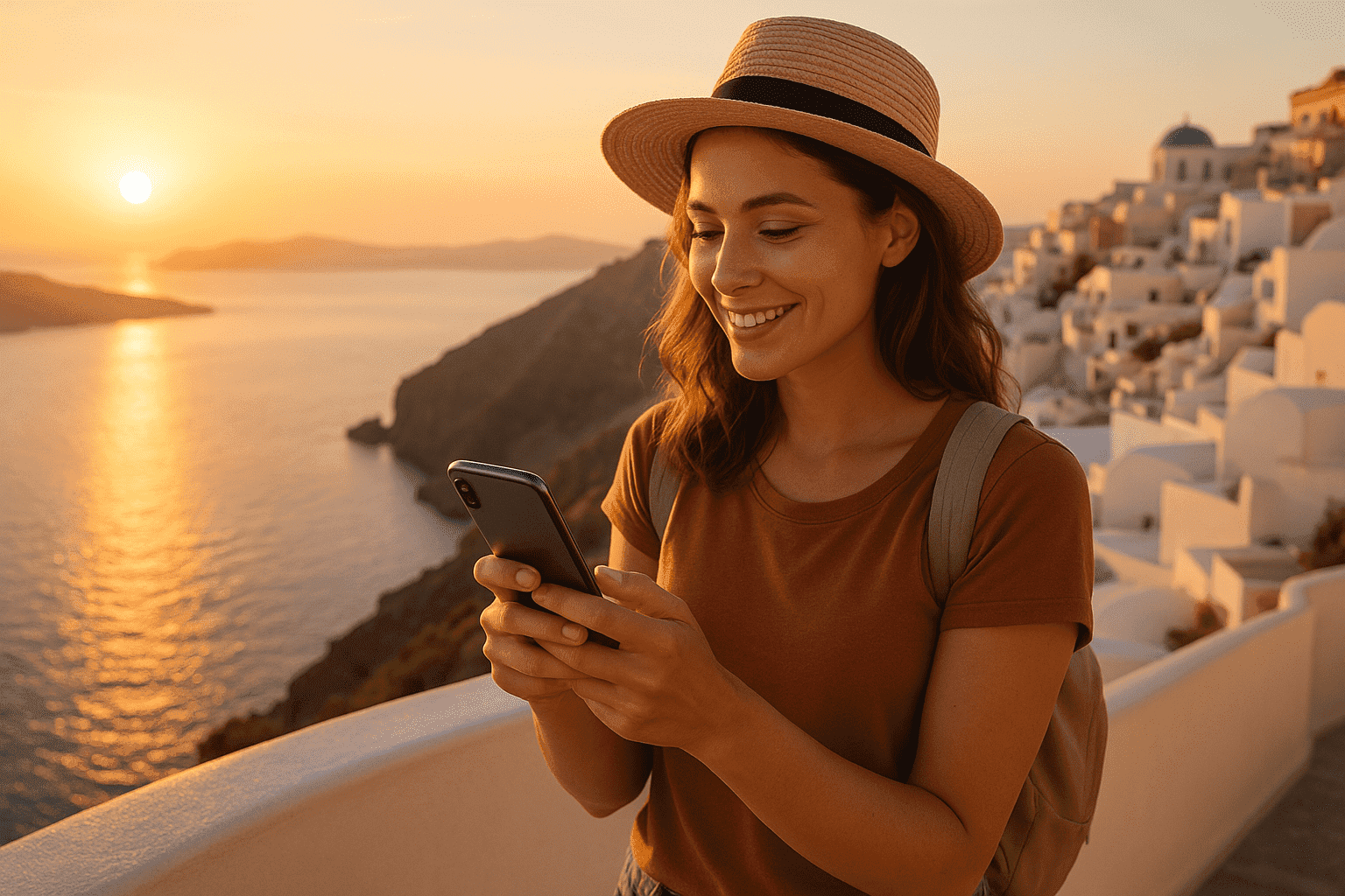 A woman travels happily while using her phone after learning how to avoid roaming charges.