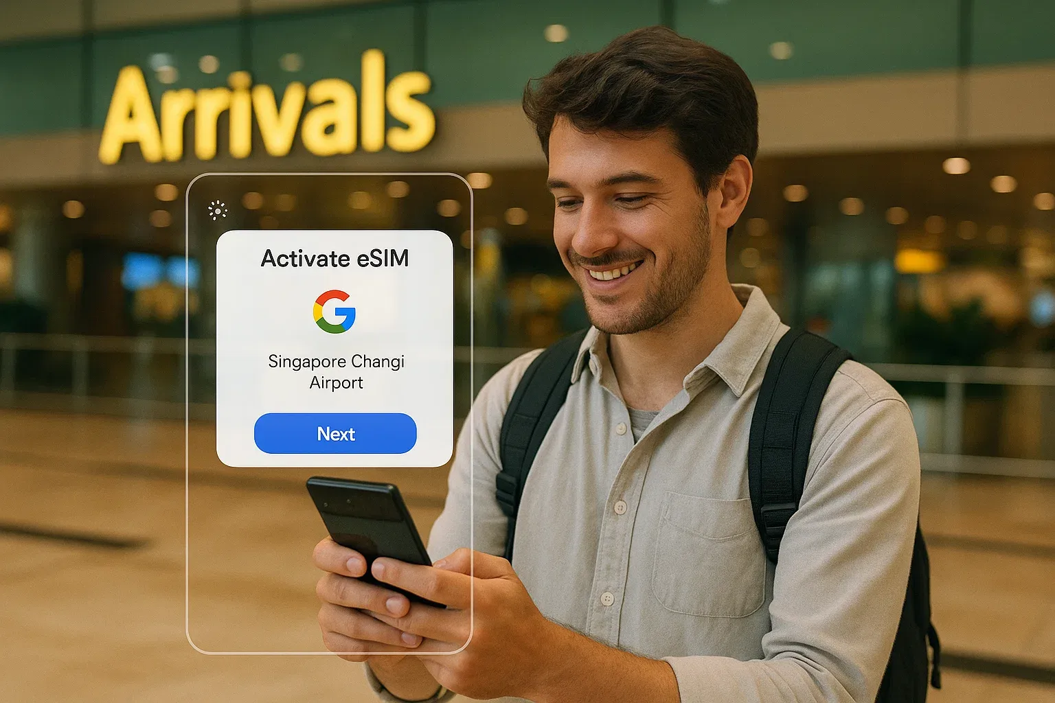 Tourist activating Google Pixel eSIM at Singapore Changi Airport arrivals with AI camera view, seamless digital onboarding vibe