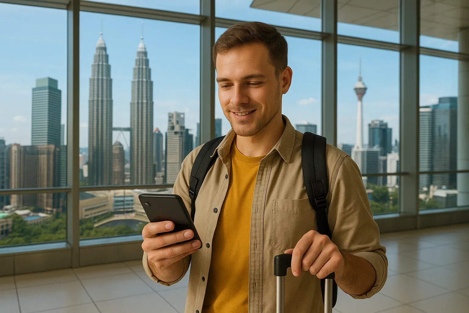 Tourist activating eSIM in Kuala Lumpur airport terminal with skyline background, confident and organized travel mood
