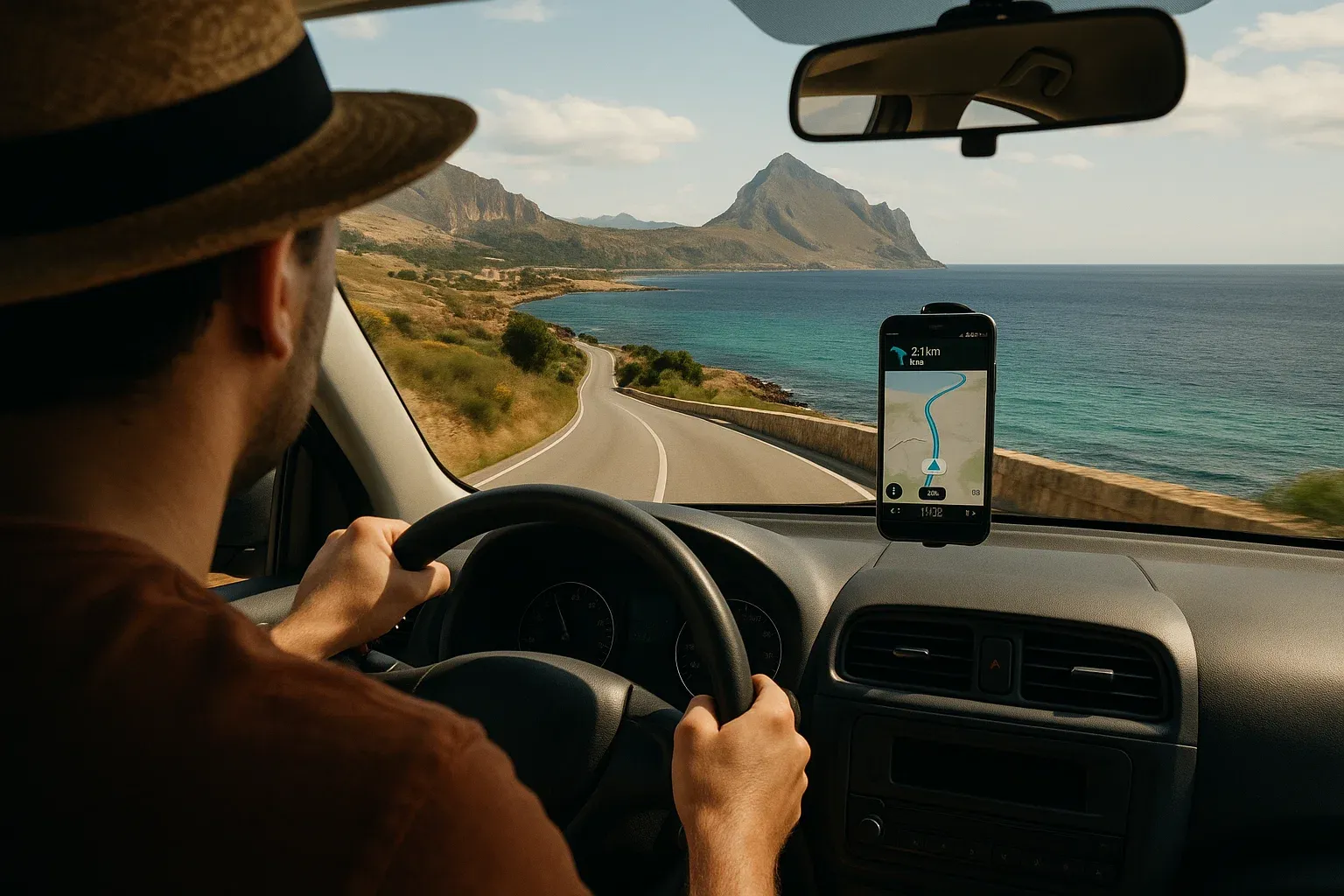 Tourist driving coastal Sicilian road with phone navigation visible, cinematic island landscape, practical travel tech feel