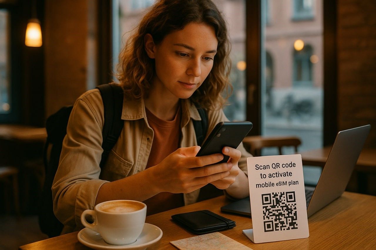 Tourist scanning a QR code to activate a mobile eSIM plan in a Berlin café, warm lighting, modern travel setup