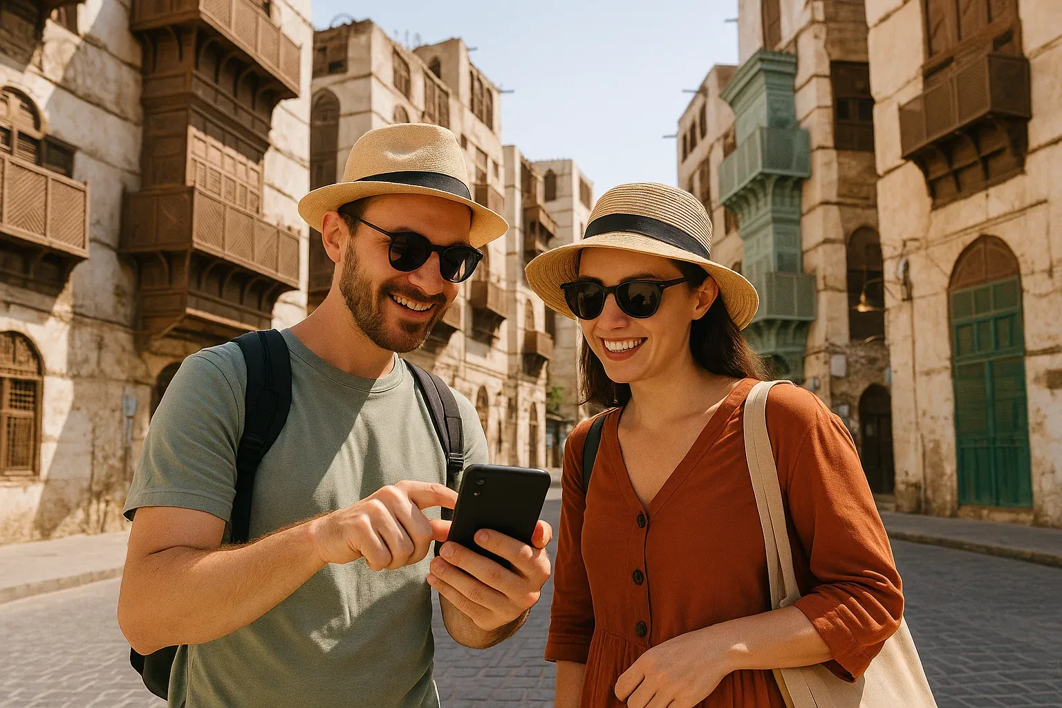 Tourists in Jeddah old town checking directions on their phones with eSIM data, bright daylight, historic buildings in the background, showing effortless travel connectivity