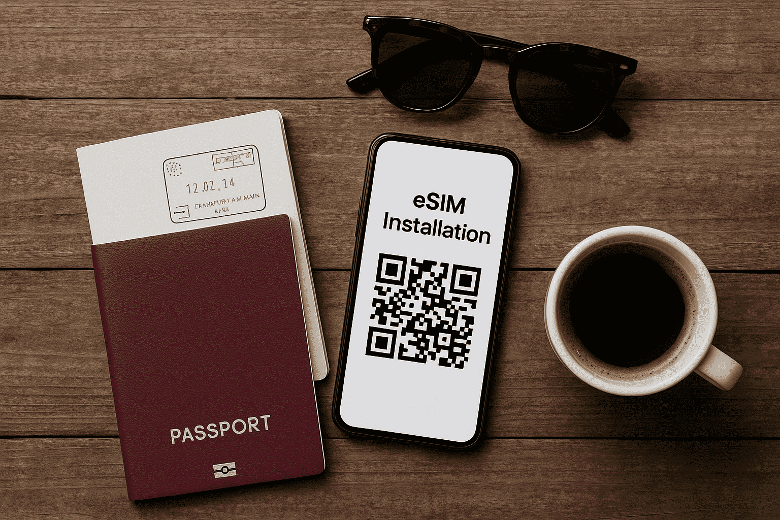 Phone displaying eSIM installation next to a passport, sunglasses, and coffee.