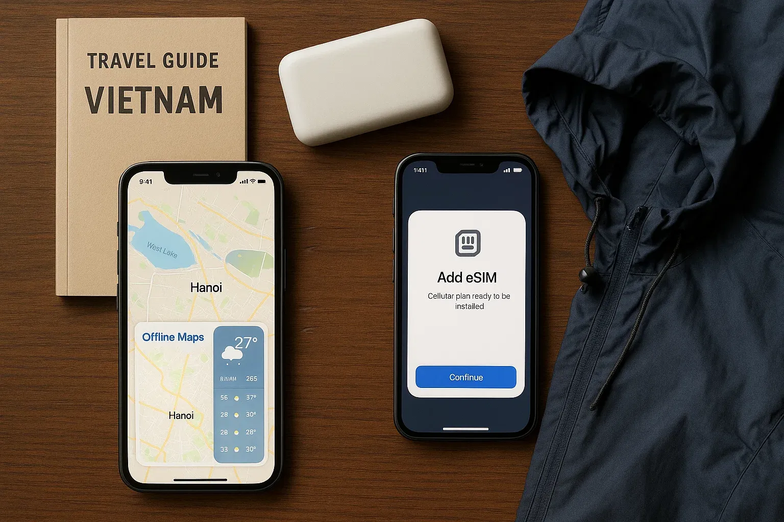 Travel flat lay on a hotel desk in Vietnam: phone showing offline maps and a weather app, eSIM setup screen visible, power bank and rain jacket nearby