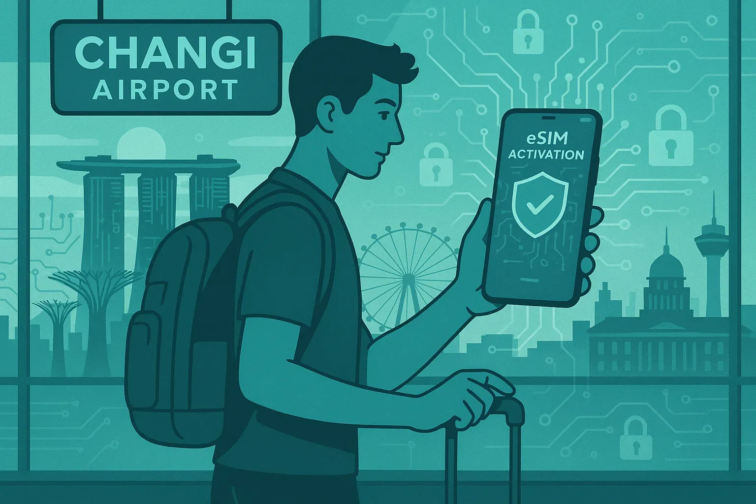 Traveler activating eSIM in Changi Airport with Singapore skyline illustrations, tech security tone