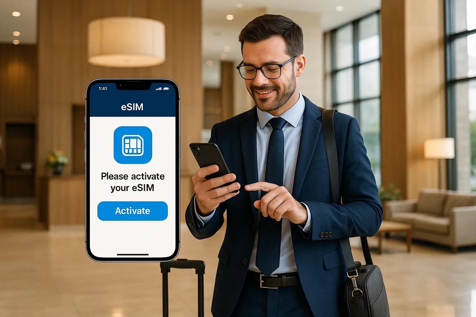 Traveler activating eSIM in hotel lobby before business meeting, supportive and confident tone focused on seamless international setup