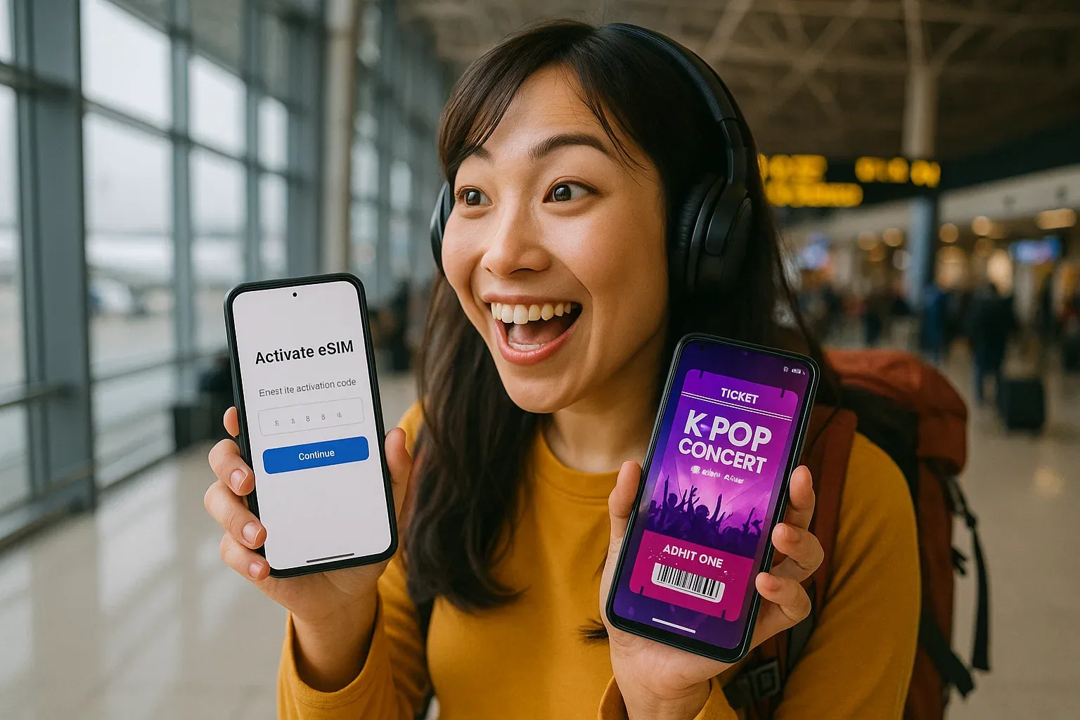 Traveler activating eSIM inside an airport with concert tickets on phone, energetic K-pop fan travel atmosphere