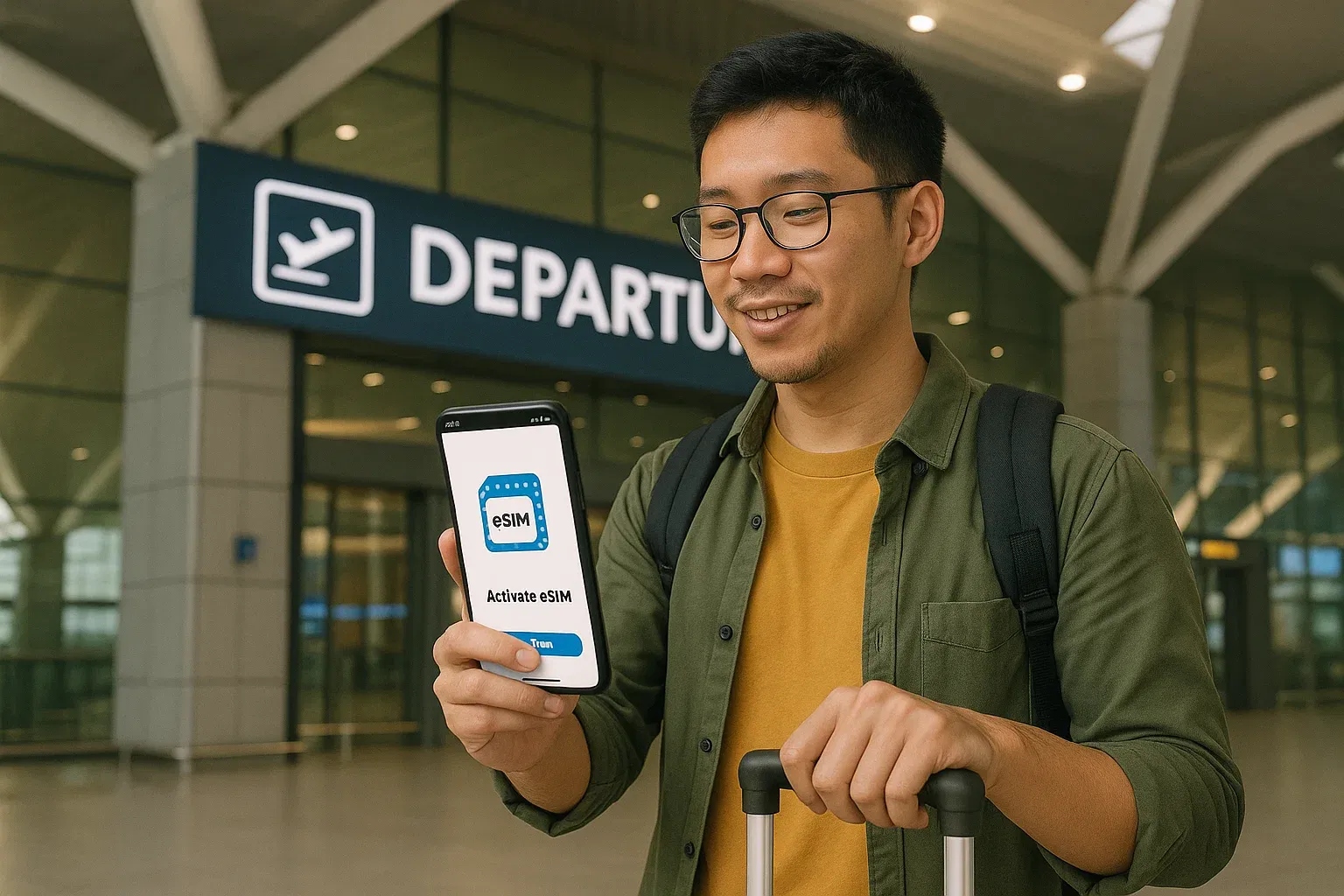 Traveler activating eSIM near KLIA airport departure hall, seamless digital onboarding vibe