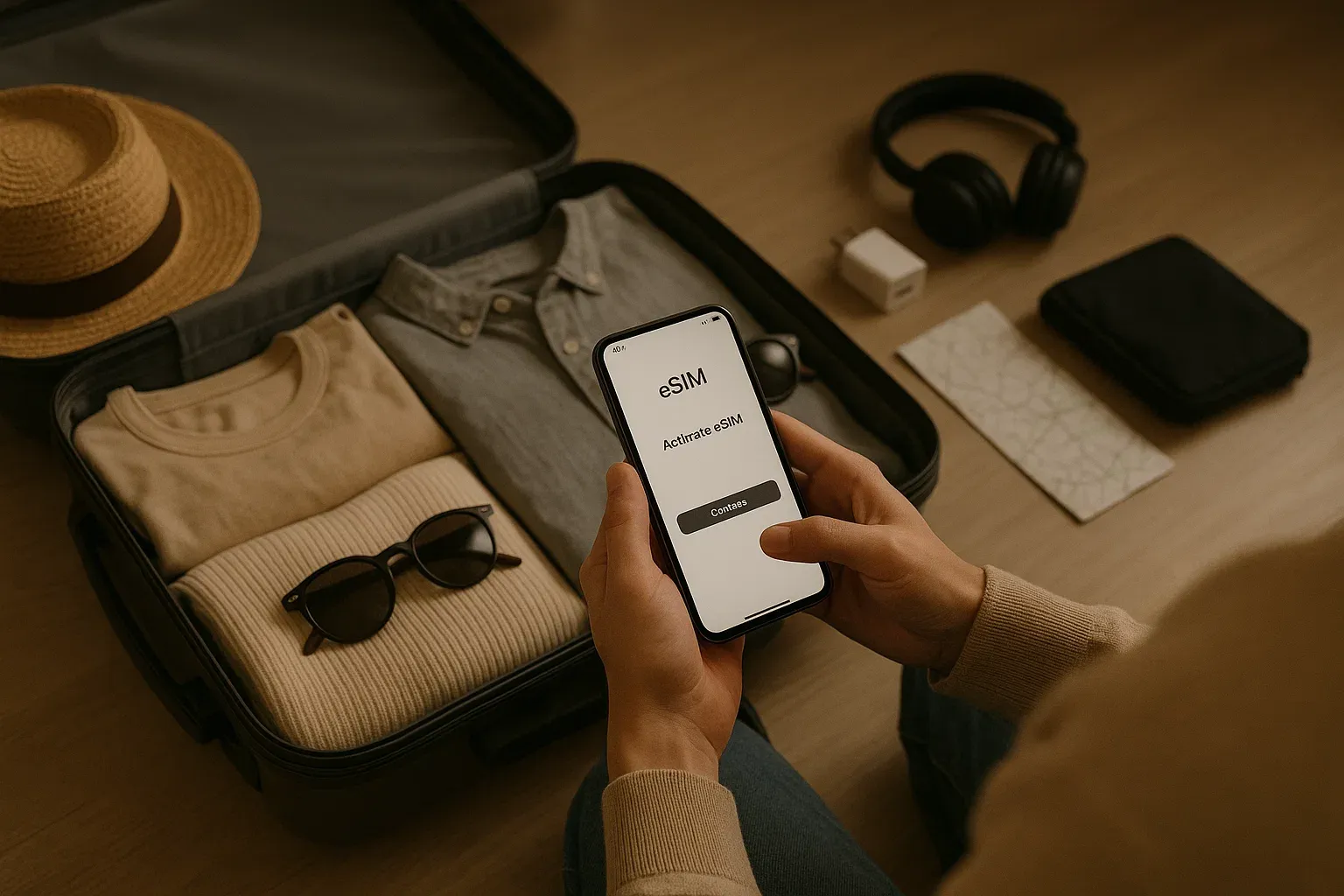 Traveler activating eSIM on a new smartphone while packing luggage, calm lighting, clean tech-focused travel setup