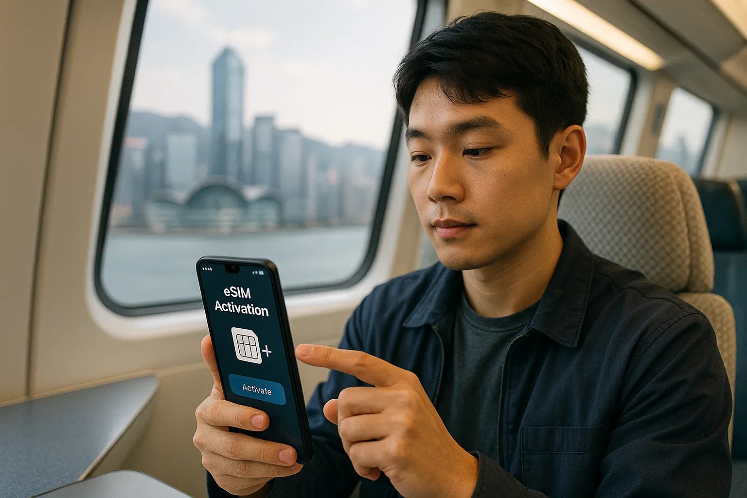 Traveler activating eSIM on phone while riding Hong Kong Airport Express train, city skyline blur outside, calm efficient navigation theme
