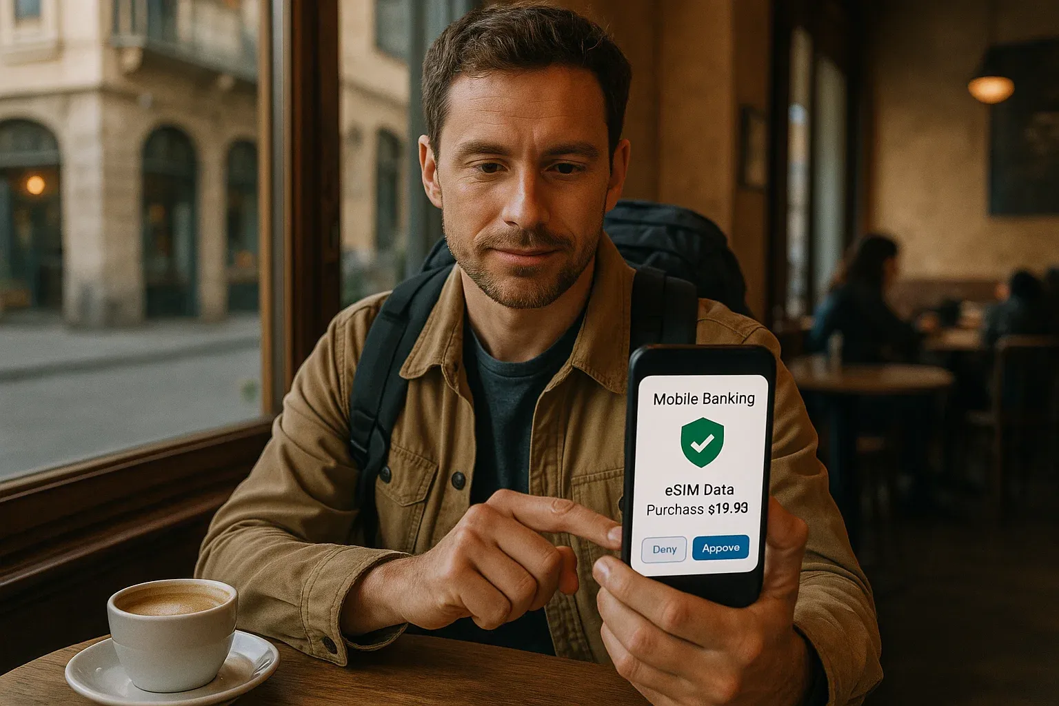 Traveler approving mobile banking notification on phone at foreign café using eSIM data, secure confident tone