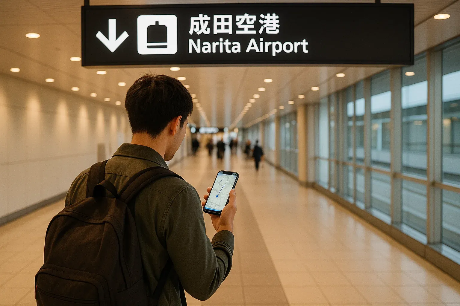 Traveler arriving at Narita Airport following signs while using smartphone navigation, warm arrival mood, clean modern terminal design