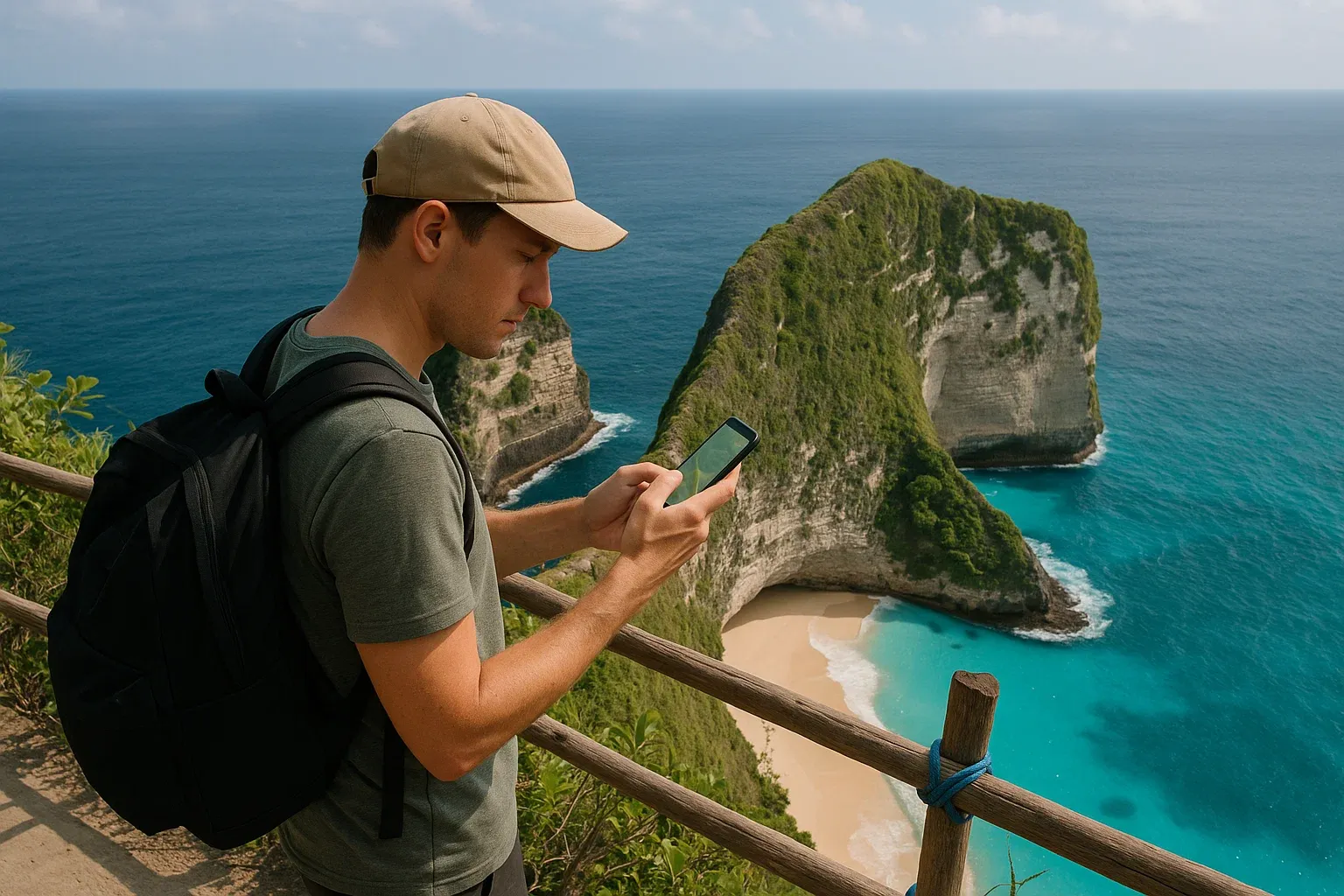 Traveler at Kelingking Beach viewpoint checking phone for navigation, blue water below, calm and instructive tone