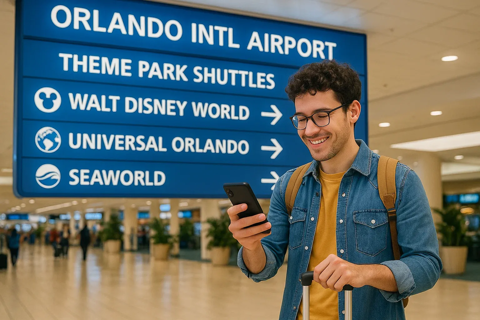 Traveler at Orlando International Airport checking phone with theme park shuttle signs in the background, bright lighting, upbeat travel tone