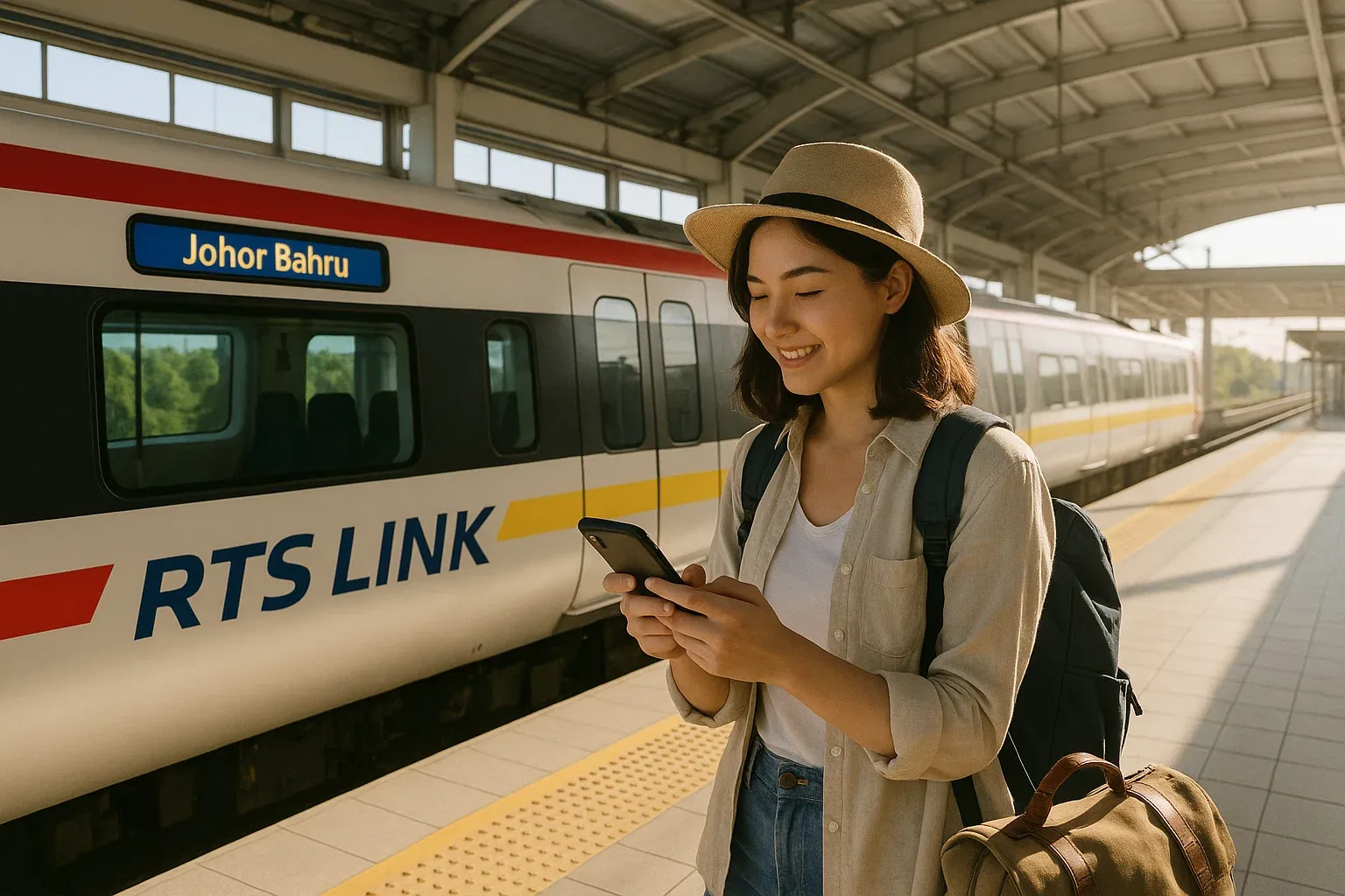 Traveler at RTS Link station using smartphone while waiting for train to Johor Bahru, bright morning light and relaxed travel vibe highlighting easy connectivity