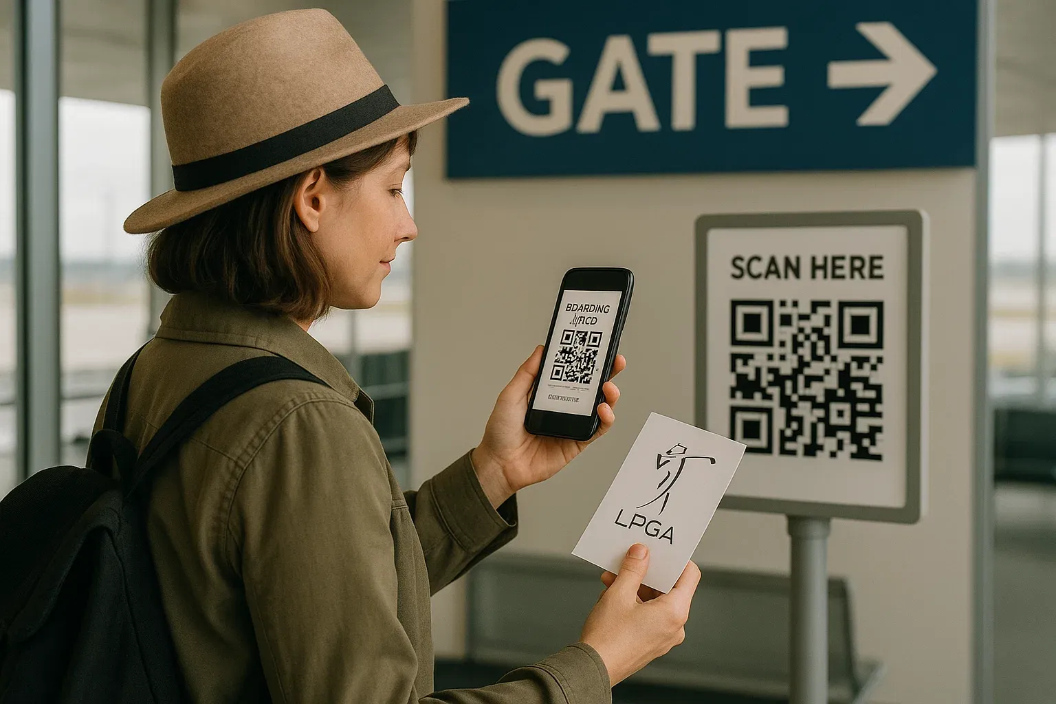 Traveler at airport gate scanning QR code on phone before flying to follow LPGA tournament abroad, calm tone, guidance concept