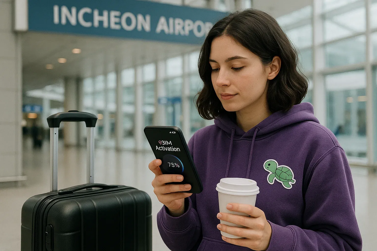 Traveler checking eSIM activation screen at Incheon Airport with luggage and coffee, calm modern travel tone representing easy setup process