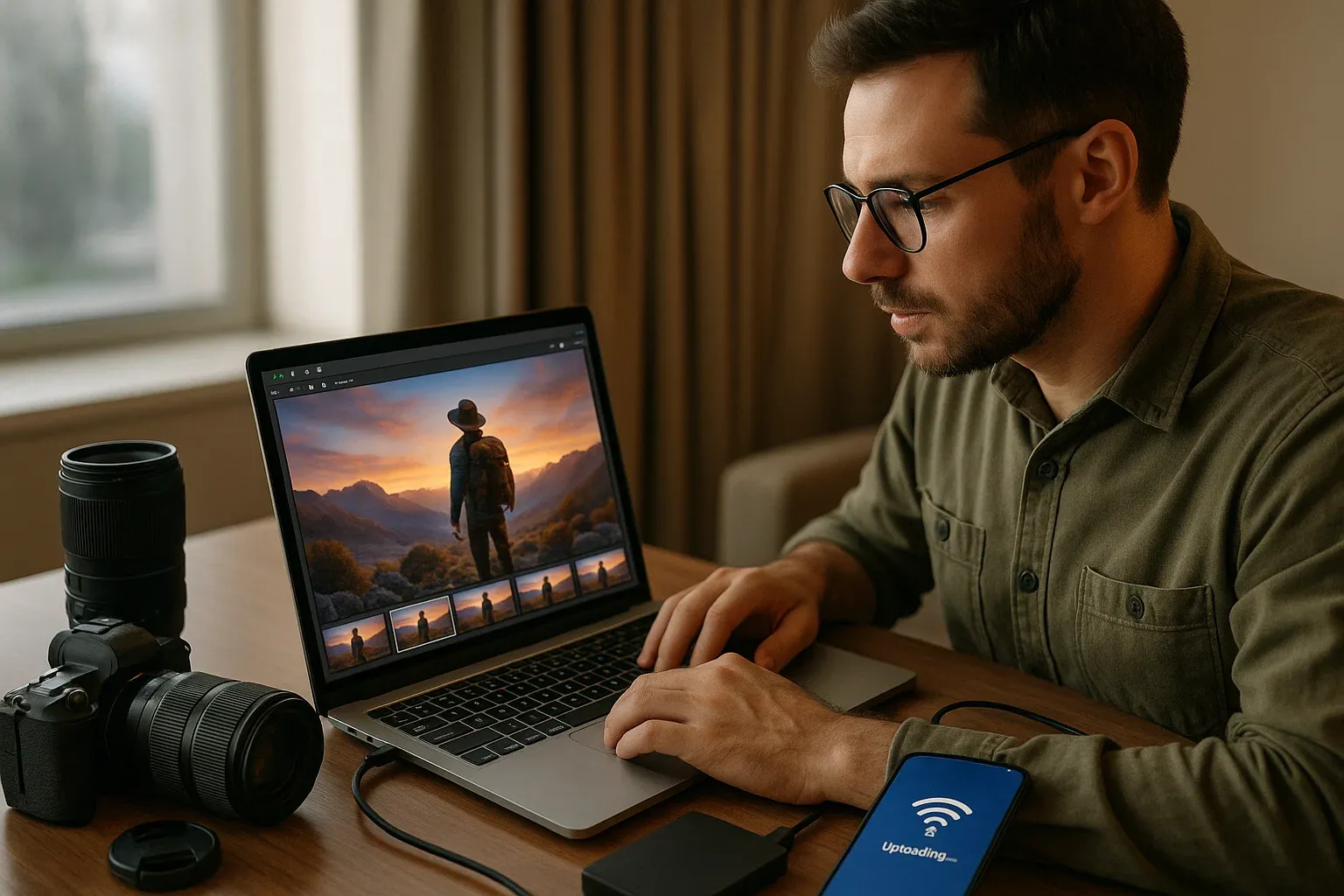 Traveler editing AI-generated scenes on a laptop next to camera gear while uploading over high-speed data, informative and reassuring tone