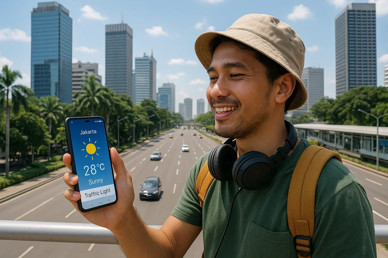 Traveler enjoying the nice weather and easy traffic in Jakarta thanks to the weather and traffic updates