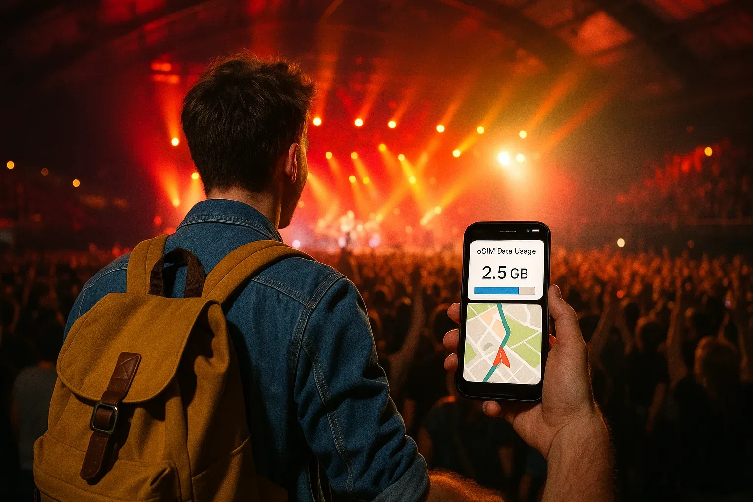 Traveler entering music arena with phone showing eSIM data usage and map guidance, excited high-energy concert atmosphere