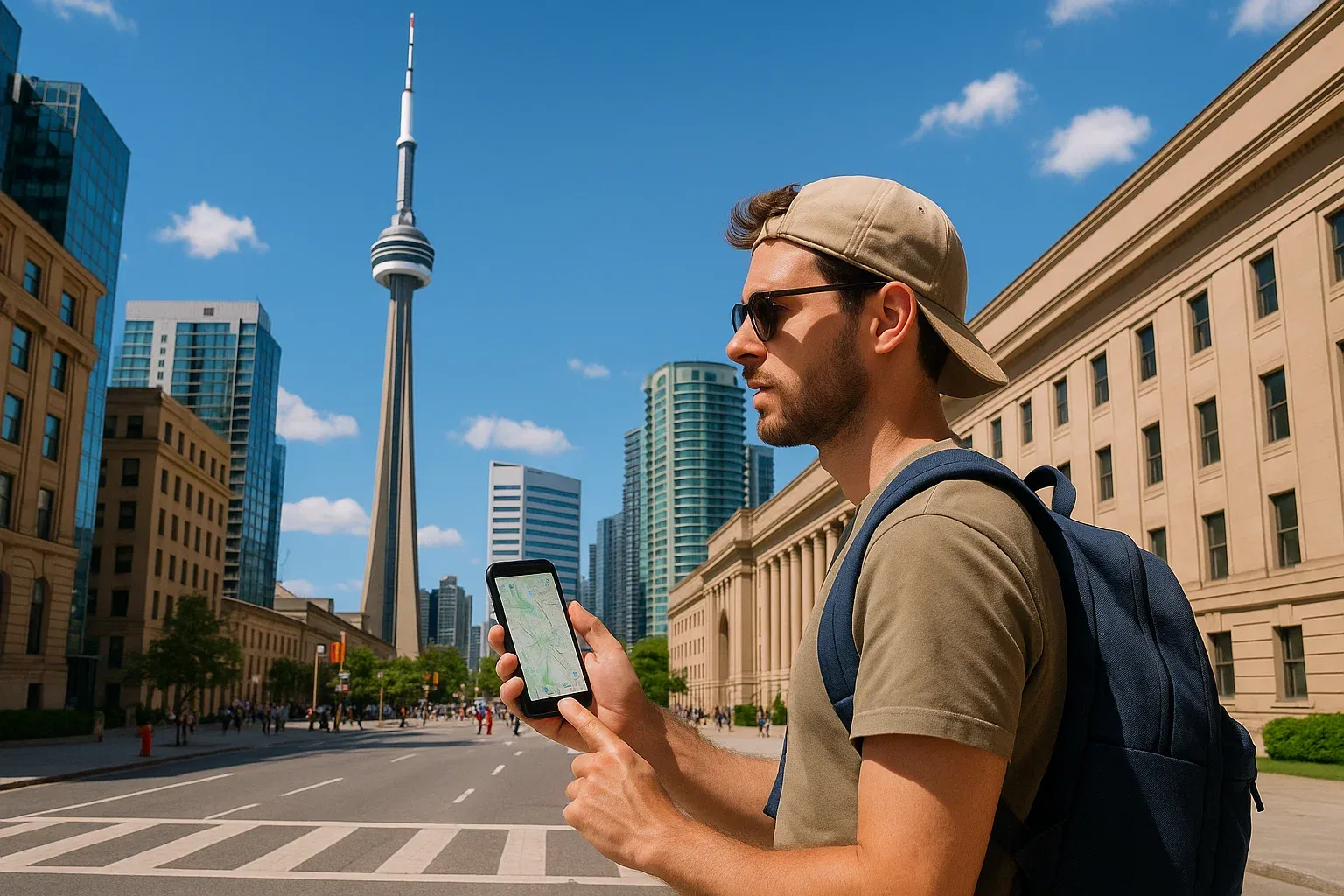 Traveler exploring downtown Toronto with a smartphone, checking maps near CN Tower on a sunny day during a sightseeing walk