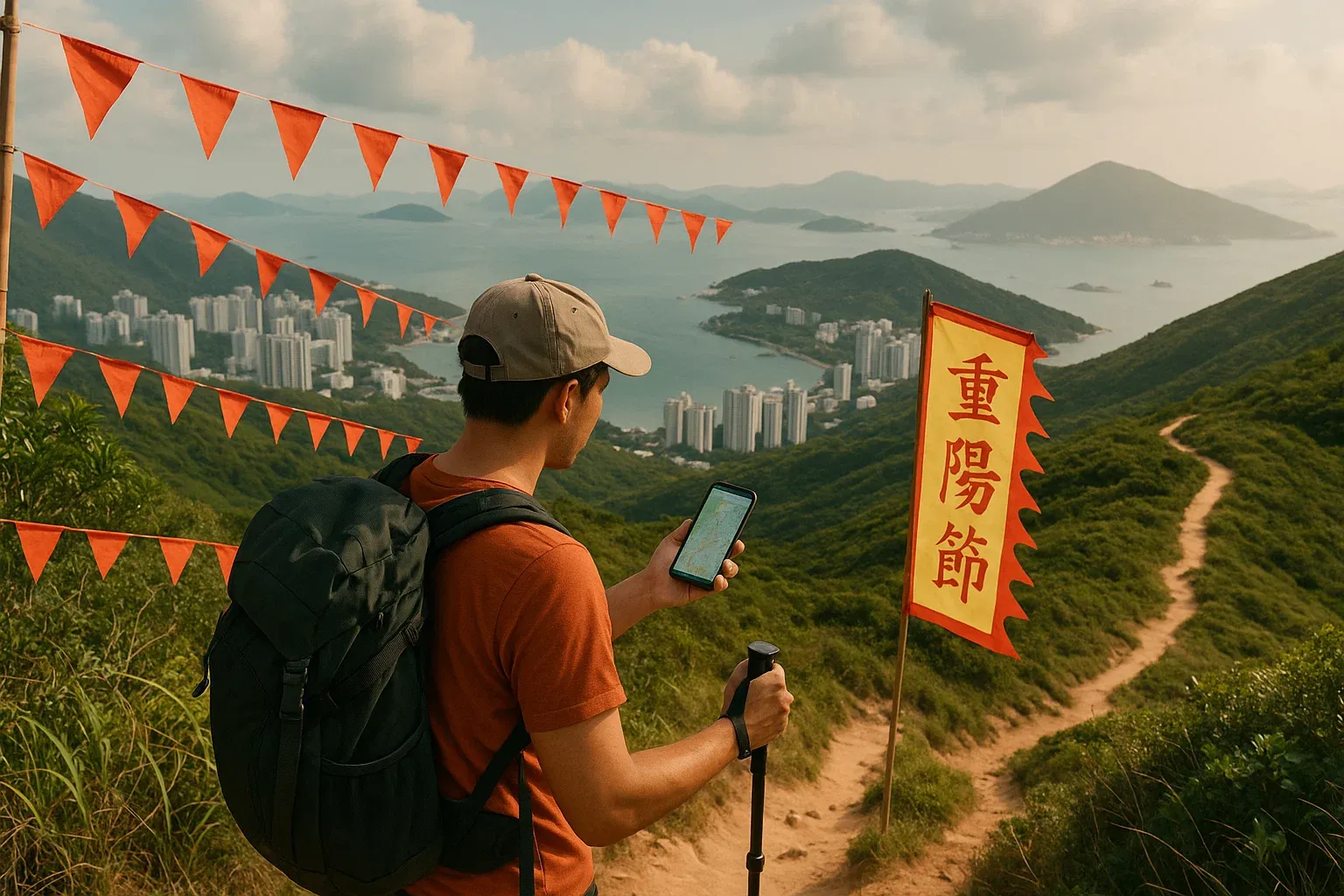Traveler hiking Hong Kong’s Dragon’s Back trail during Chung Yeung Festival with smartphone guidance, cultural and scenic travel mood