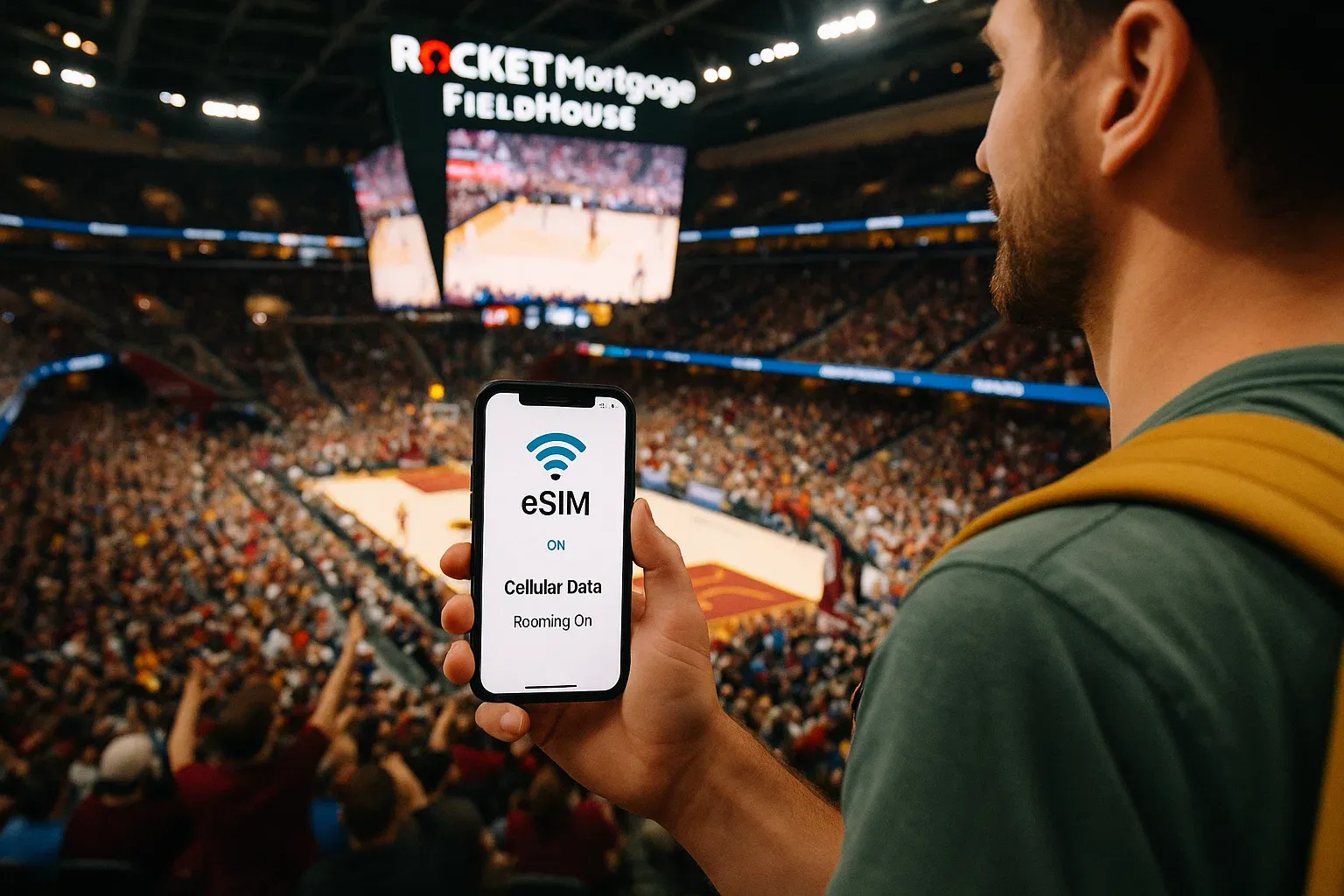 Traveler holding a phone with eSIM data active inside Cleveland’s Rocket Mortgage FieldHouse, energetic crowd, bright arena atmosphere